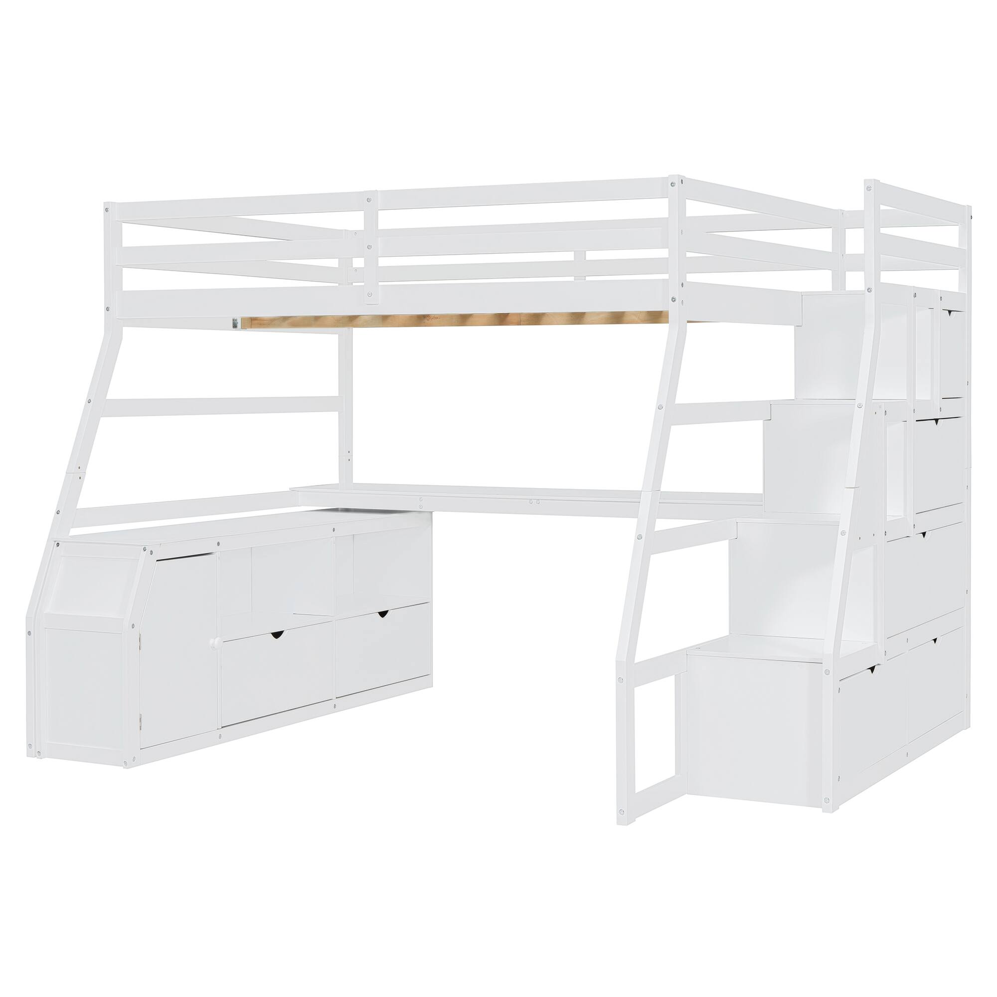 Left. Tiramisubest - Full Size White Loft Bed with 7 Drawers, 2 Shelves & Desk - Plywood - White.