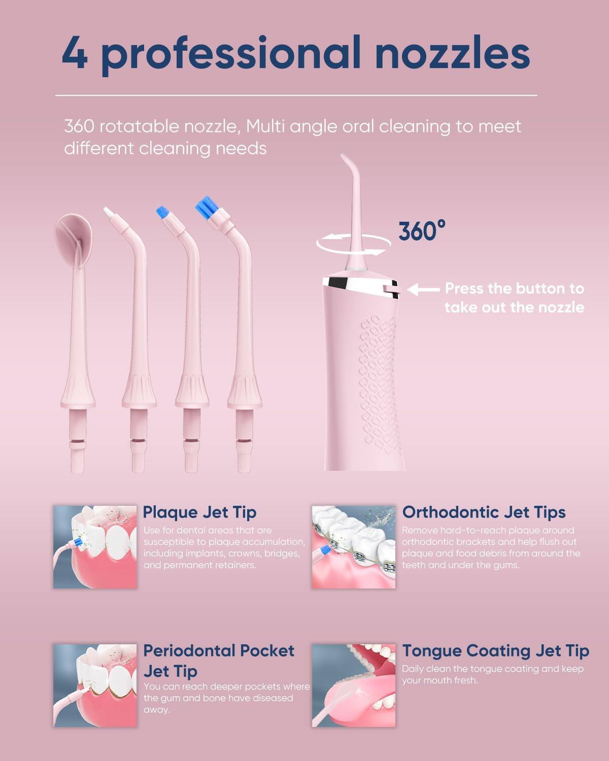 4 professional nozzles
360 rotatable nozzle, Multi angle oral cleaning to meet different cleaning needs
360°
Press the button to take out the nozzle
Plaque Jet Tip
Use for dental areas that are susceptible to plaque accumulation, including implants, crowns, bridges, and permanent retainers.
Orthodontic Jet Tips
Remove hard-to-reach plaque around orthodontic brackets and help flush out plaque and food debris from around the teeth and under the gums.
Periodontal Pocket Jet Tip
You can reach deeper pockets where the gum and bone have diseased away.
Tongue Coating Jet Tip
Daily clean the tongue coating and keep your mouth fresh.