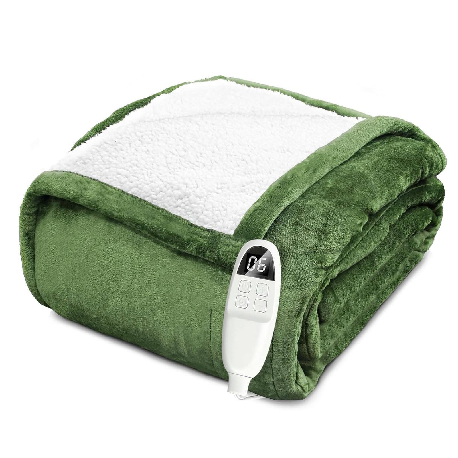 Angle. AENKYO - 72"x84" Heated Blanket Throw Blanket Fast Heating Flannel Electric Blanket with 10 Time Settings 6 Heating Settings - Green.