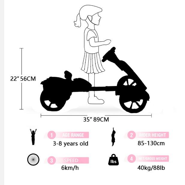 1. AGE RANGE: 3-8 years old  
2. RIDER HEIGHT: 85-130 cm  
3. SPEED: 6 km/h  
4. NET/GROSS WEIGHT: 40 kg/88 lb  

Dimensions:  
- 22" (56 cm)  
- 35" (89 cm)