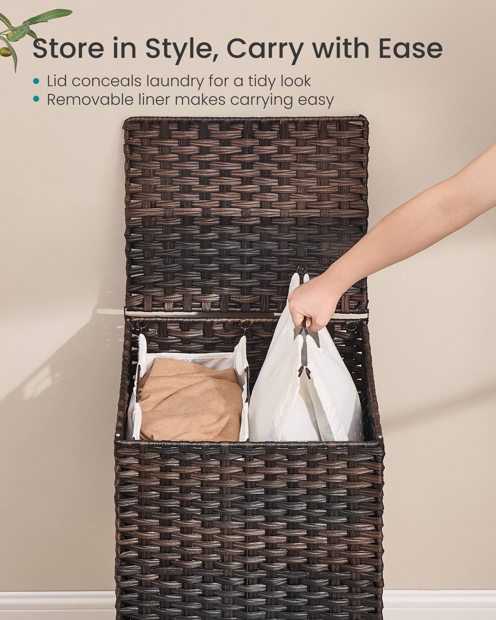Store in Style, Carry with Ease  
- Lid conceals laundry for a tidy look  
- Removable liner makes carrying easy