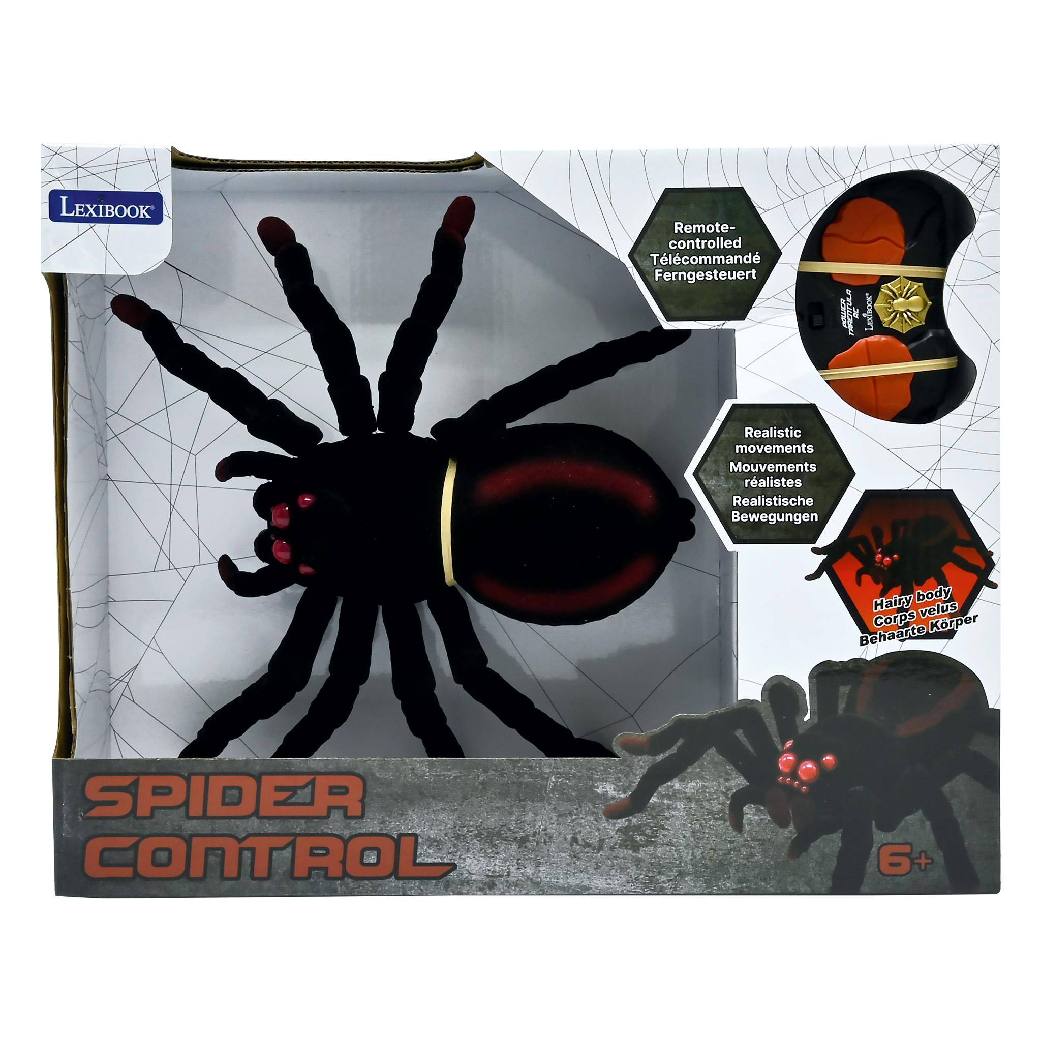 LEXIBOOK  
Remote-controlled  
Télécommandé  
Ferngesteuert  

LEXIBOOK  
Realistic movements  
Mouvements réalistes  
Realistische Bewegungen  

Hairy body  
Corps velu  
Behaarte Körper  

SPIDER CONTROL  
6+