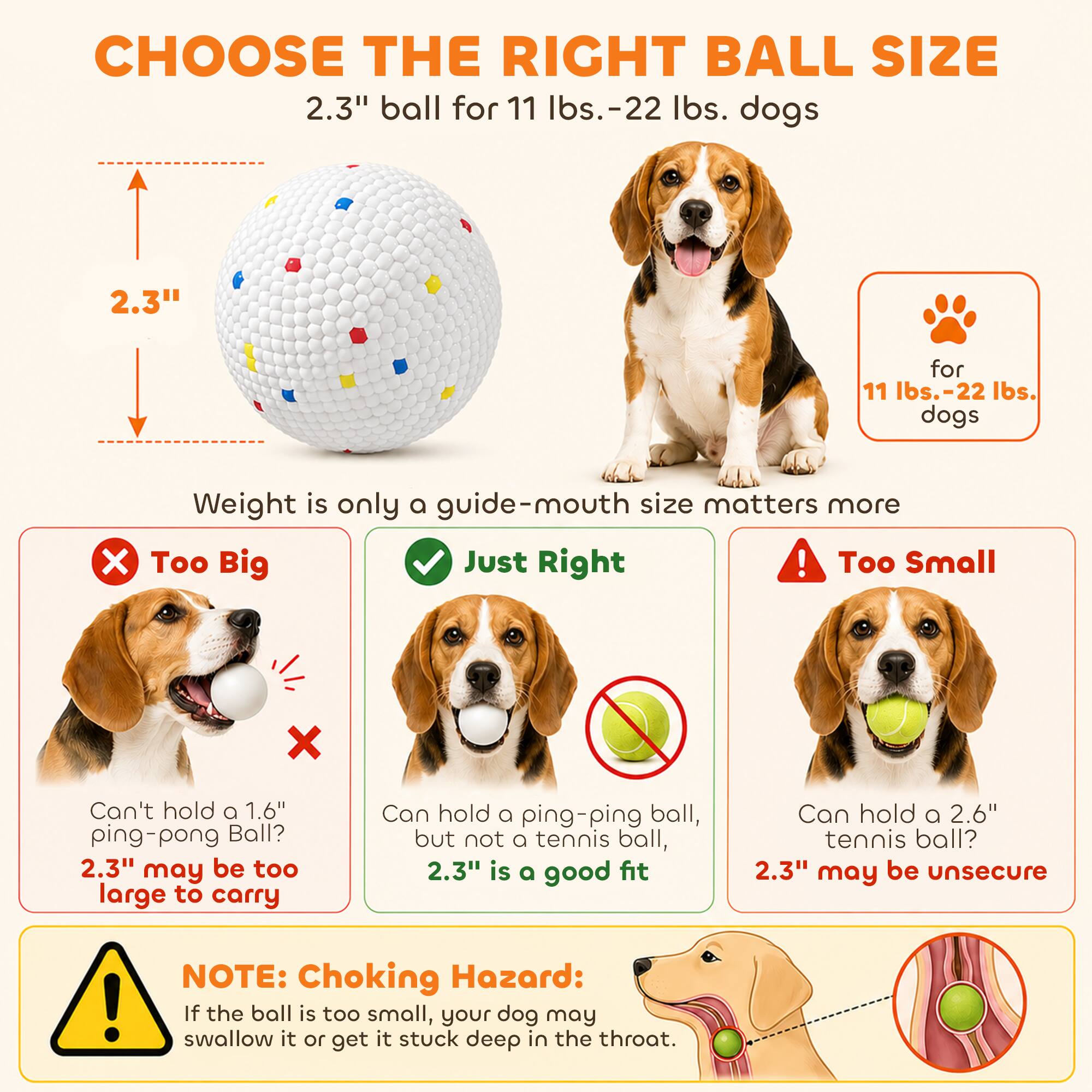 CHOOSE THE RIGHT BALL SIZE  
2.3" ball for 11 lbs.-22 lbs. dogs

Weight is only a guide-mouth size matters more

Too Big  
Can't hold a 1.6" ping-pong Ball?  
2.3" may be too large to carry

Just Right  
Can hold a ping-pong ball, but not a tennis ball,  
2.3" is a good fit

Too Small  
Can hold a 2.6" tennis ball?  
2.3" may be unsecure

NOTE: Choking Hazard: If the ball is too small, your dog may swallow it or get it stuck deep in the throat.
