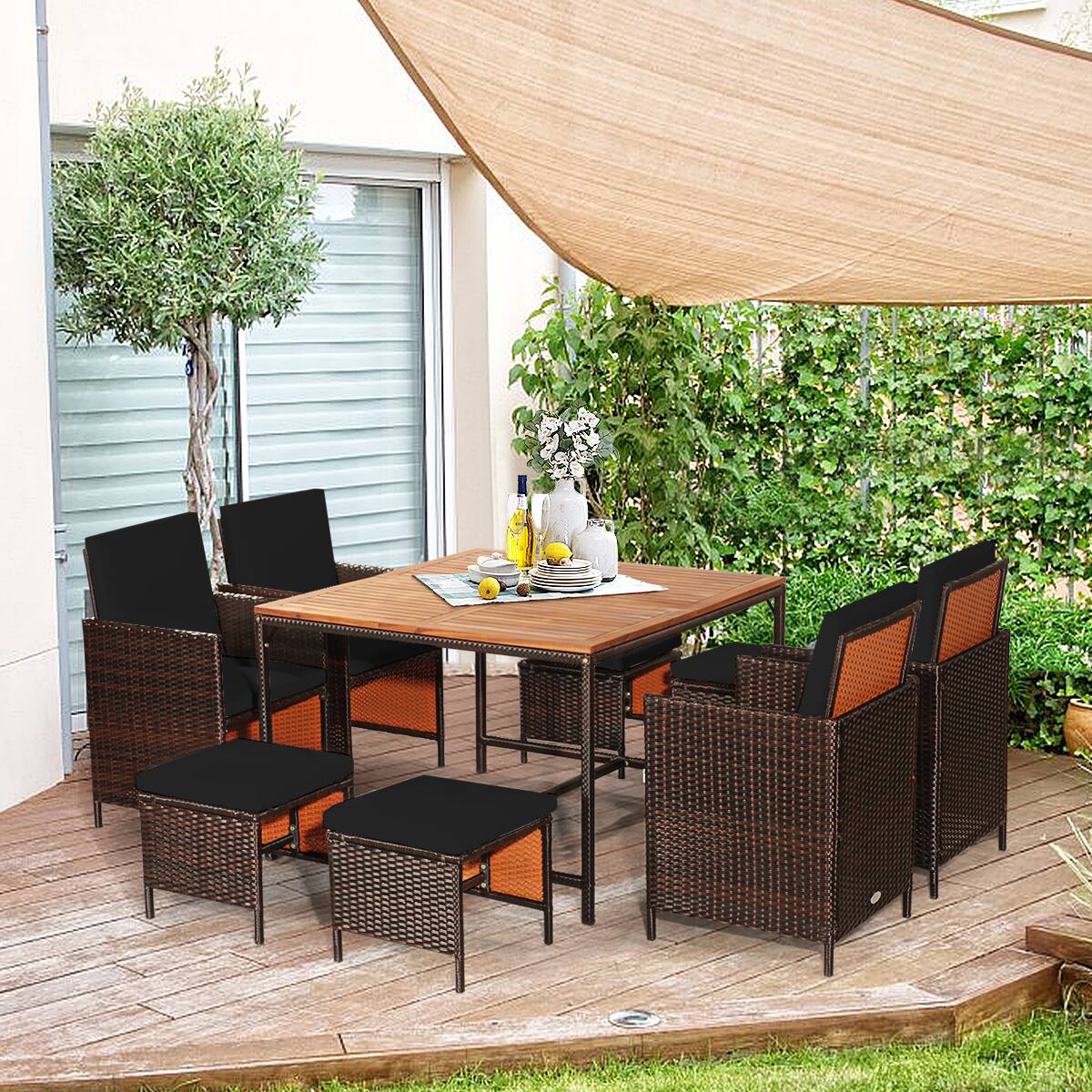 Alt View 1. Gymax - Gymax Set Of 9 Patio Rattan Dining Set Cushioned Chairs Ottoman Wood Table Top Black - Brown & Black.