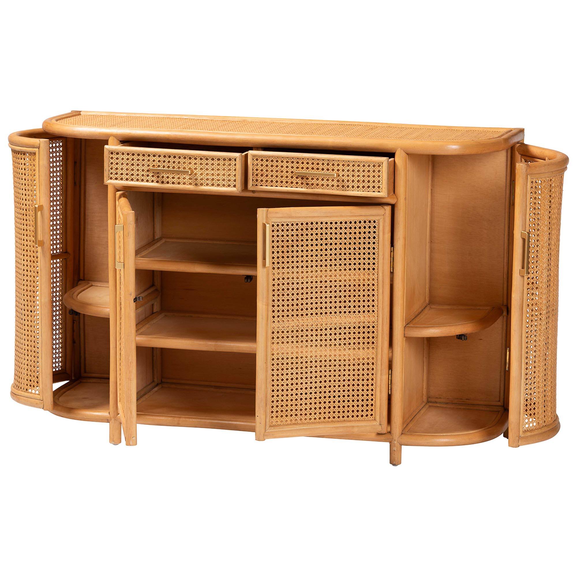 Angle. bali & pari - McKenna Natural Rattan Sideboard - Handwoven Wicker Buffet Credenza, Boho Coastal Style - Light Honey/Gold.