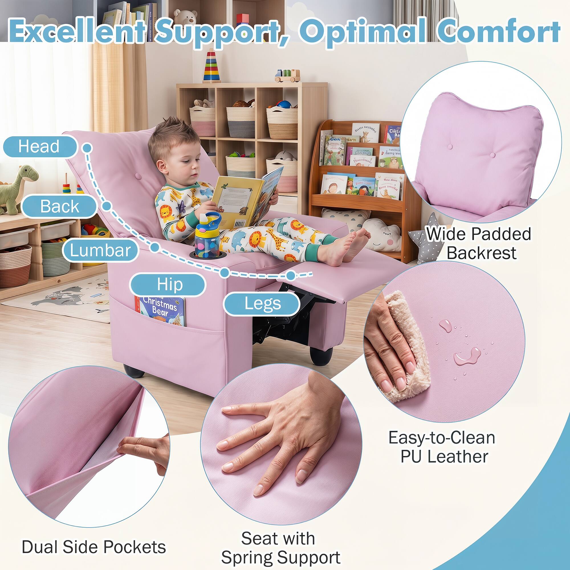 Excellent Support, Optimal Comfort

Head
Back
Lumbar
Hip
Legs

Wide Padded Backrest

Easy-to-Clean PU Leather

Dual Side Pockets

Seat with Spring Support