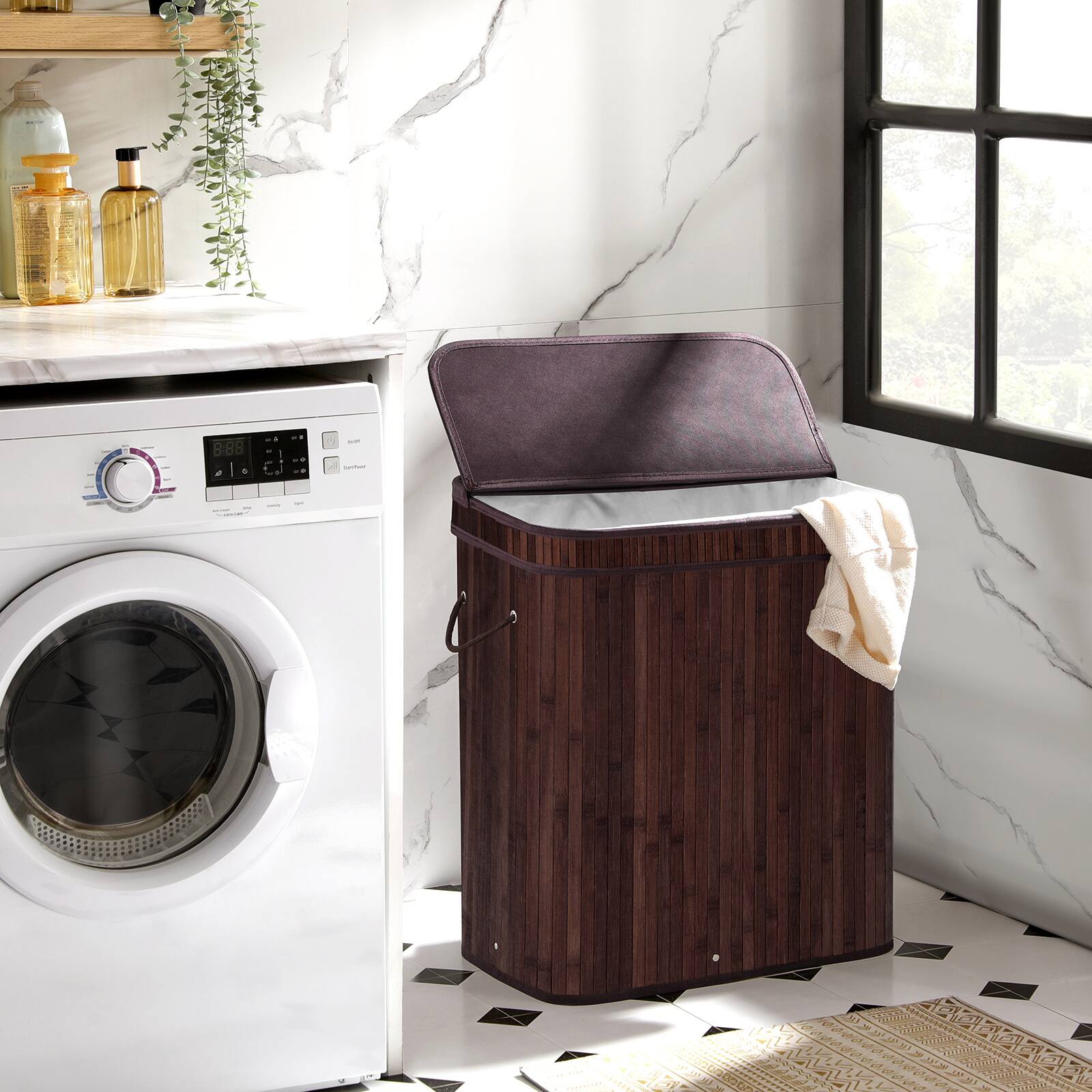 Angle. Songmics Home - Laundry Hamper with Lid, Bamboo Launry Basket with Handles, Foldable Storage Basket for Laundry Room, Bedroom, 100L - Brown.