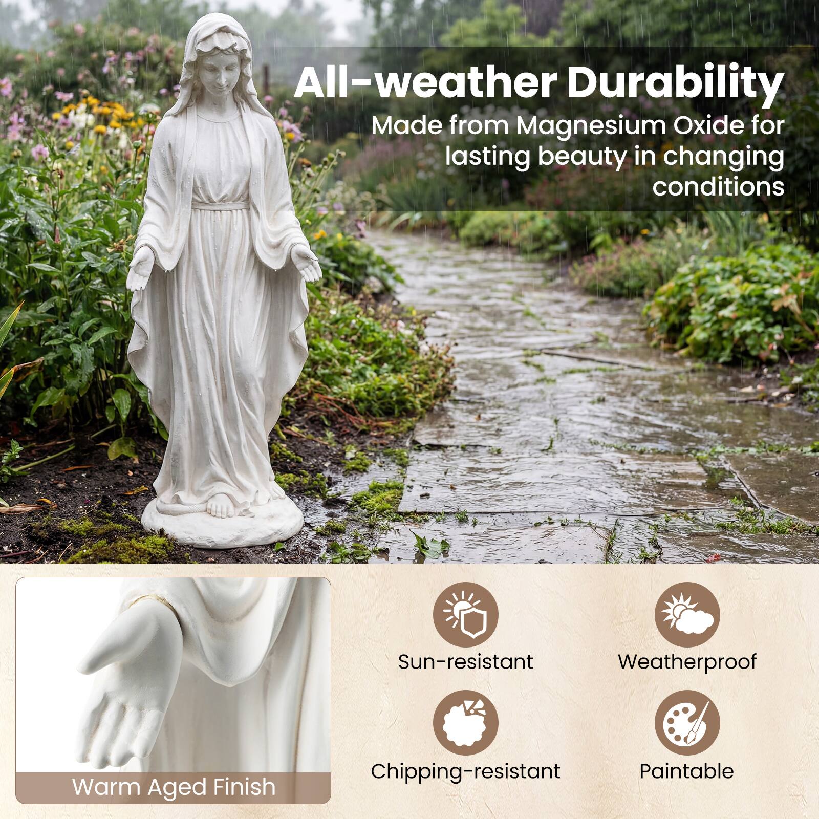 All-weather Durability  
Made from Magnesium Oxide for lasting beauty in changing conditions  

Sun-resistant  
Weatherproof  
Chipping-resistant  
Paintable  

Warm Aged Finish
