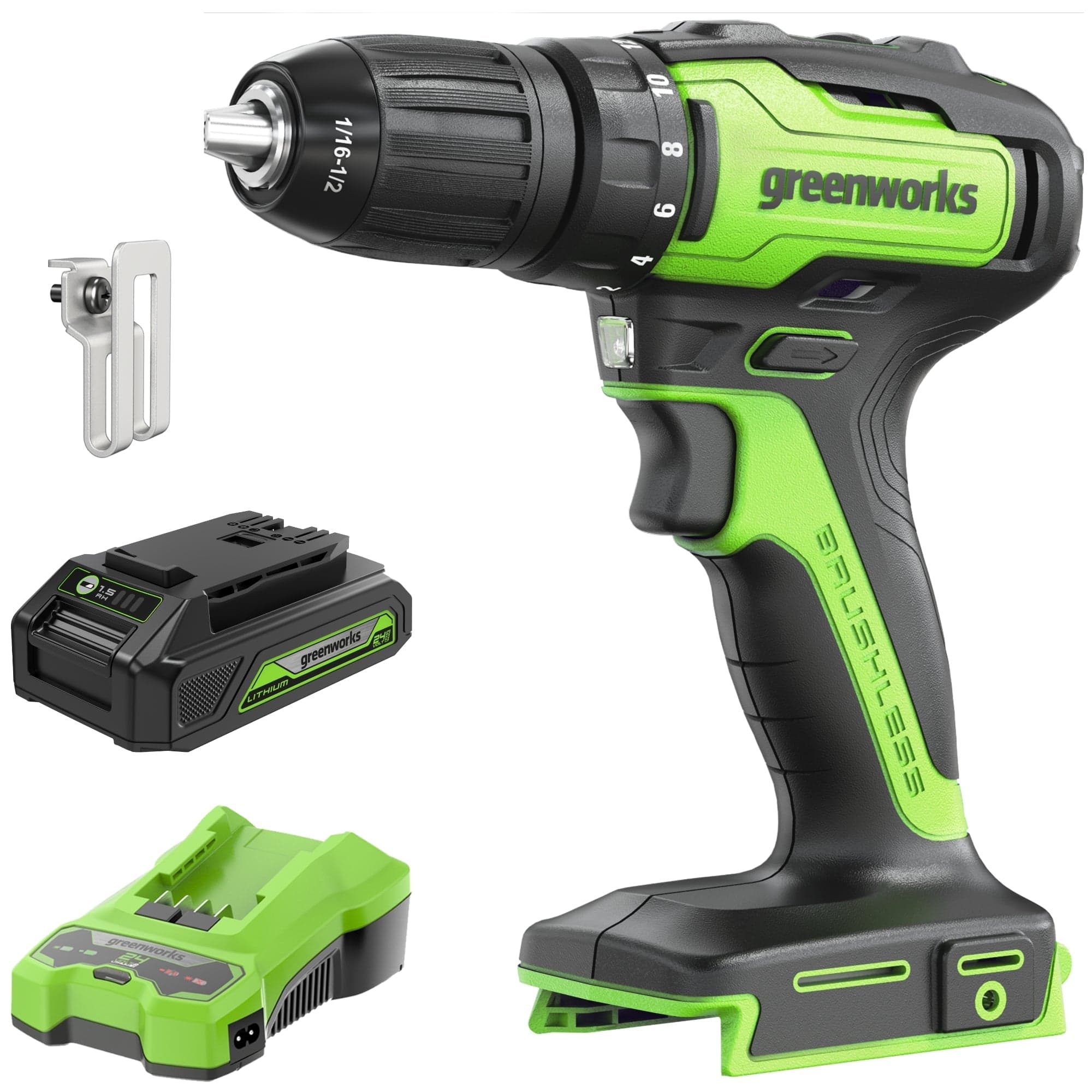 Greenworks - 24V 1/2" 310 in-lbs Brushless Cordless Drill / Driver with 2Ah Battery and Charger - Green