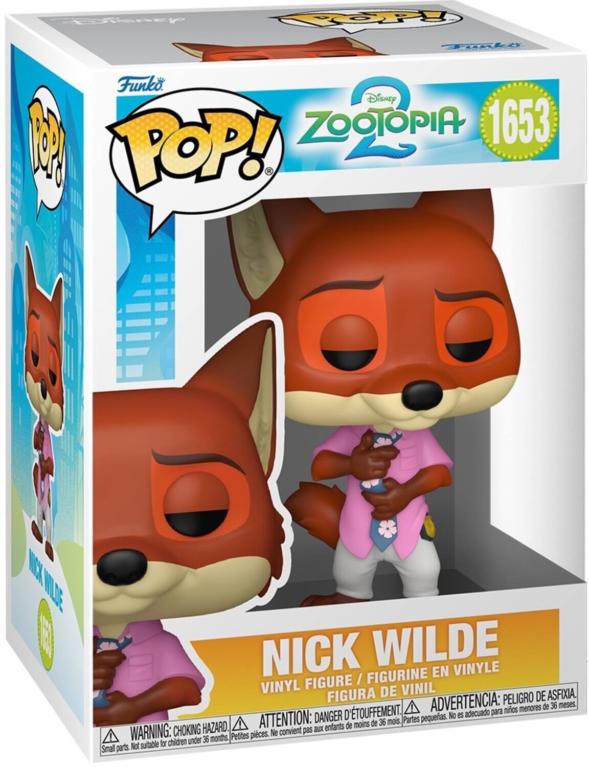Sure, here is the corrected and grouped text from the image:

---

**Funko POP!**

**Disney Zootopia**

**1653**

**NICK WILDE**

**VINYL FIGURE / FIGURINE EN VINYLE / FIGURA DE VINIL**

**WARNING: CHOKING HAZARD. Small parts. Not suitable for children under 36 months.**

**ATTENTION: PELIGRO DE ASFIXIA. Piezas pequeñas. No es adecuado para niños menores de 36 meses.**

**ADVERTENCIA: DANGER D'ÉTOUFFEMENT. Petites pièces. Ne convient pas aux enfants de moins de 36 mois.**

---

This text is organized to reflect the information on the packaging of the Funko Pop! vinyl figure.