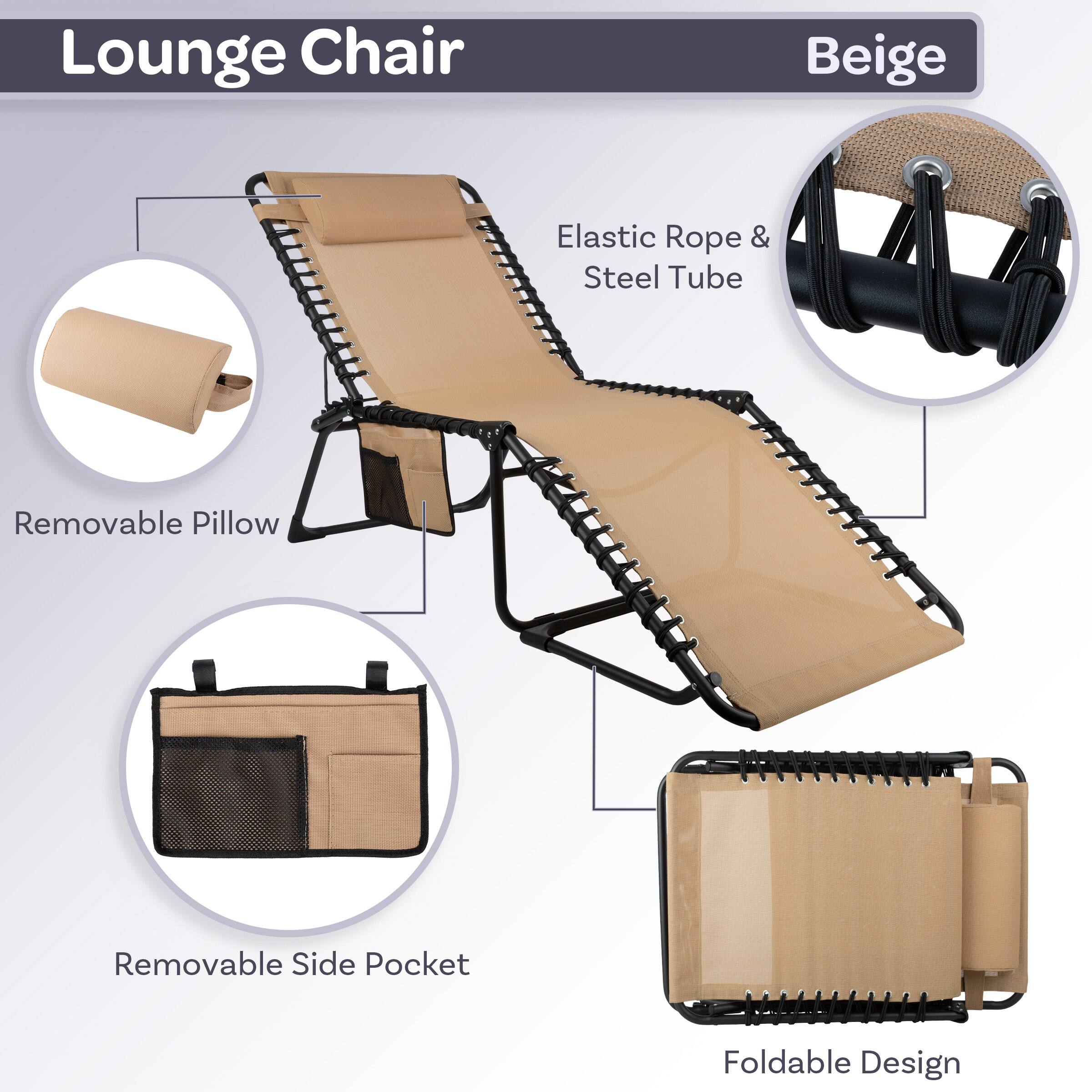 Lounge Chair  
Beige  

- Elastic Rope & Steel Tube  
- Removable Pillow  
- Removable Side Pocket  
- Foldable Design