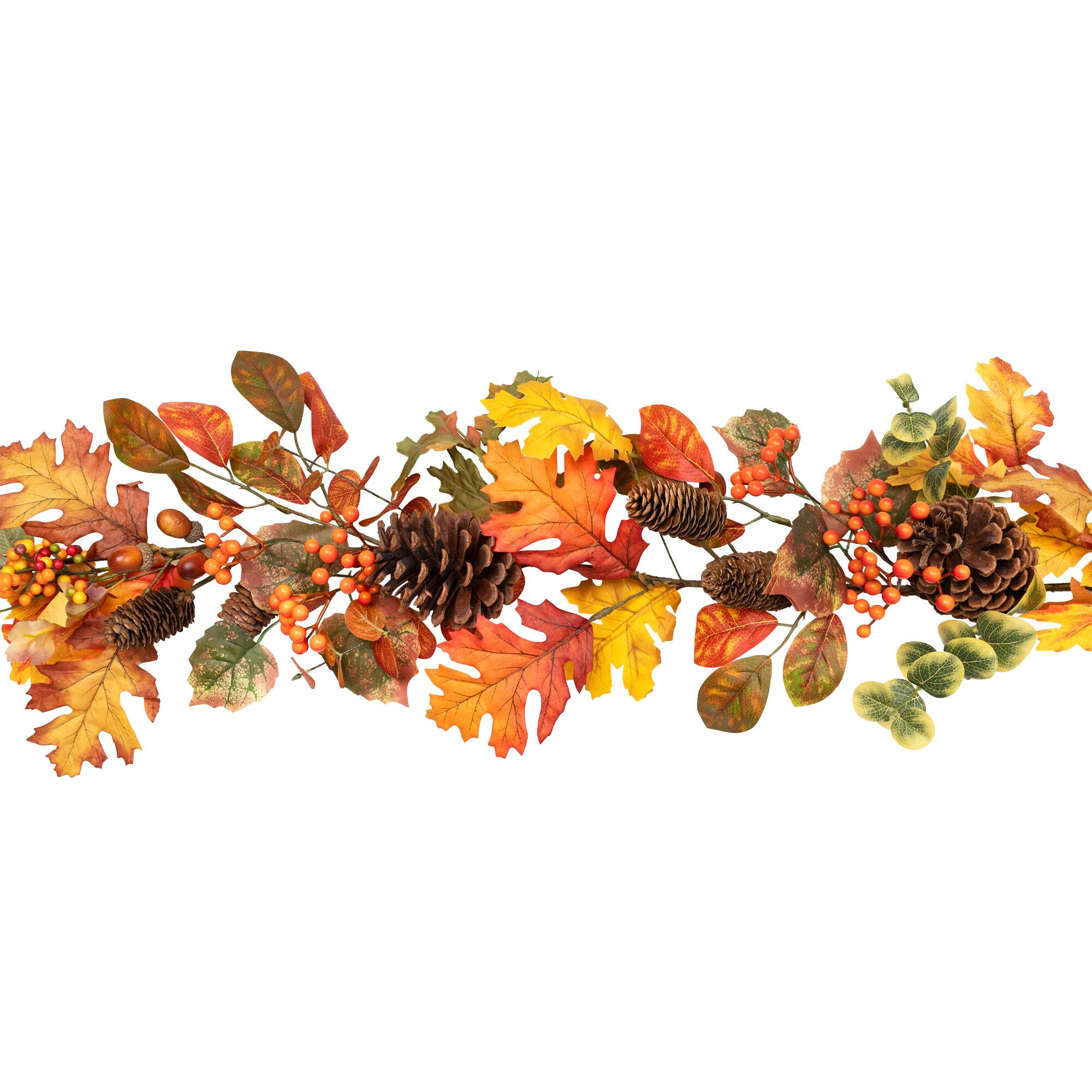 Alt View 3. Northlight - Acorns, Pinecones and Mixed Autumn Foliage Artificial Fall Harvest Garland - 5' x 8" - Orange.