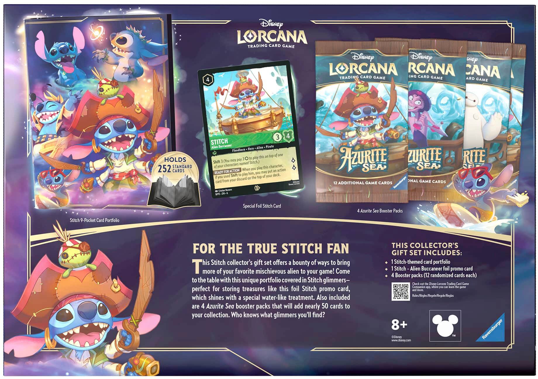 Disney Lorcana Trading Card Game:

This trading card game features Stitch, a mischievous alien, as one of its main characters. The game comes with a special foil Stitch card and a collector's gift set that includes a 9-pocket card portfolio and four Azurite Sea booster packs. The booster packs add nearly 50 cards to your collection, making it an exciting addition to any Disney fan's collection. The game is designed for players of all ages and skill levels, making it a fun and engaging activity for the whole family.