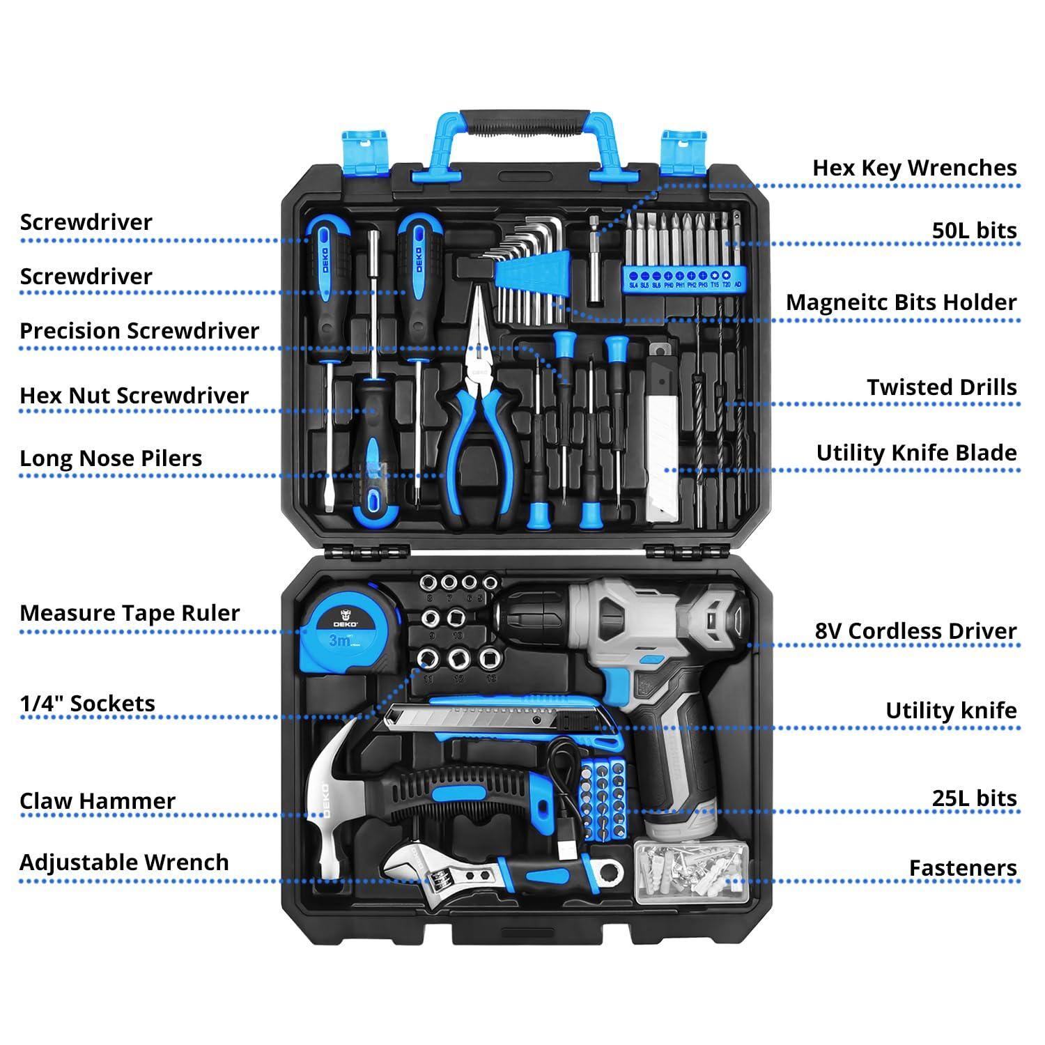 - Screwdriver
- Precision Screwdriver
- Hex Nut Screwdriver
- Long Nose Pliers
- Measure Tape Ruler
- 1/4" Sockets
- Claw Hammer
- Adjustable Wrench
- Hex Key Wrenches
- 50L bits
- Magnetic Bits Holder
- Twisted Drills
- Utility Knife Blade
- 8V Cordless Driver
- Utility knife
- 25L bits
- Fasteners