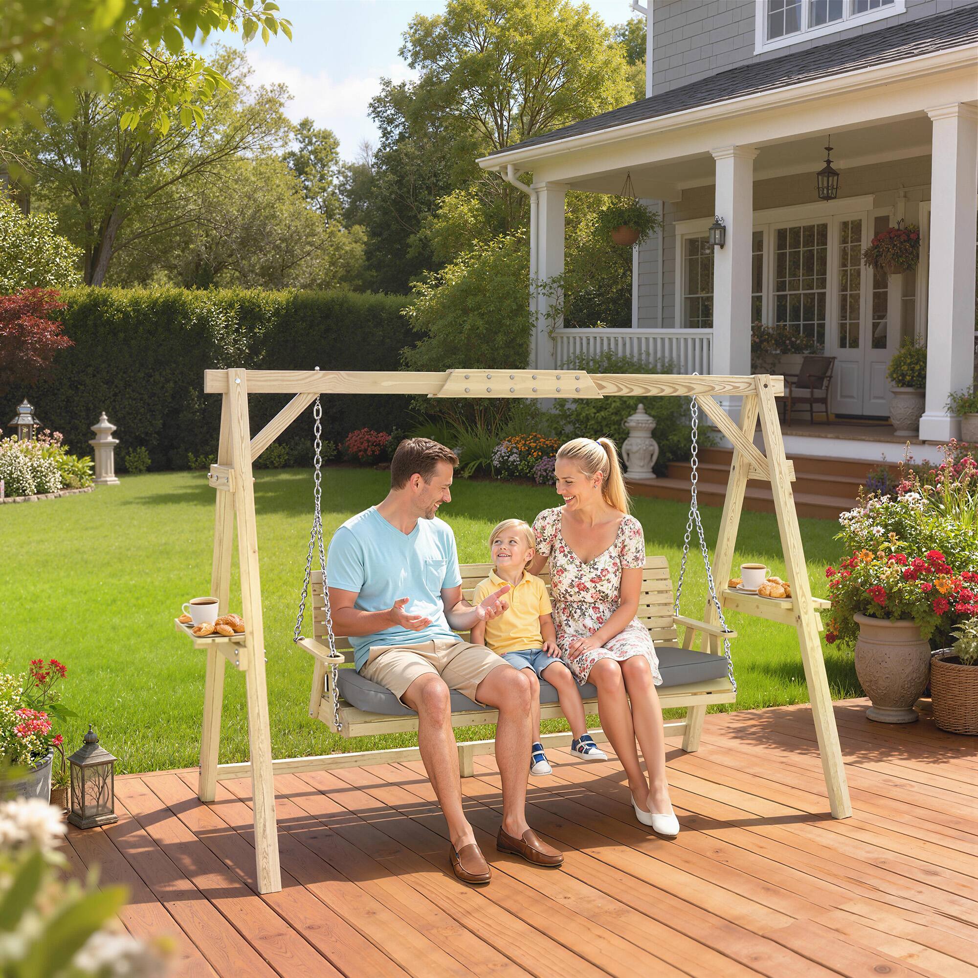 Alt View 1. Outsunny - Seat Wooden Porch Swing with Stand, Patio Swing with Cushion, for Garden, Poolside, Backyard.