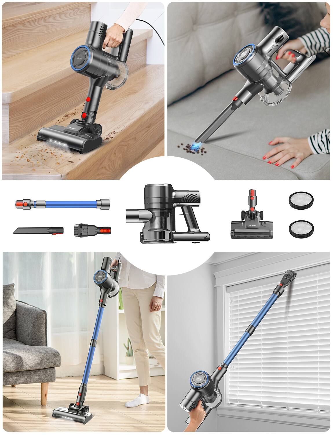 Alt View 7. DEVOAC - I8 Corded Vacuum Cleaner, 600W 23KPa Stick Vacuum, Free-Stand 6 in 1 Powerful Lightweight Vacuum,Blue and Red - Blue and Red.