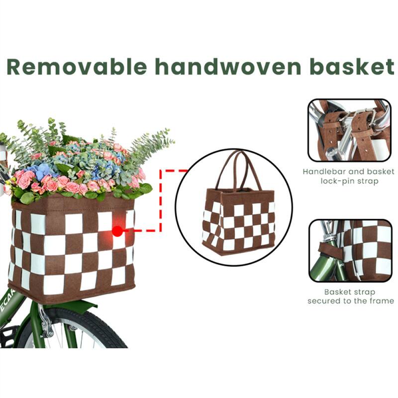 Removable handwoven basket

Handlebar and basket lock-pin strap

Basket strap secured to the frame