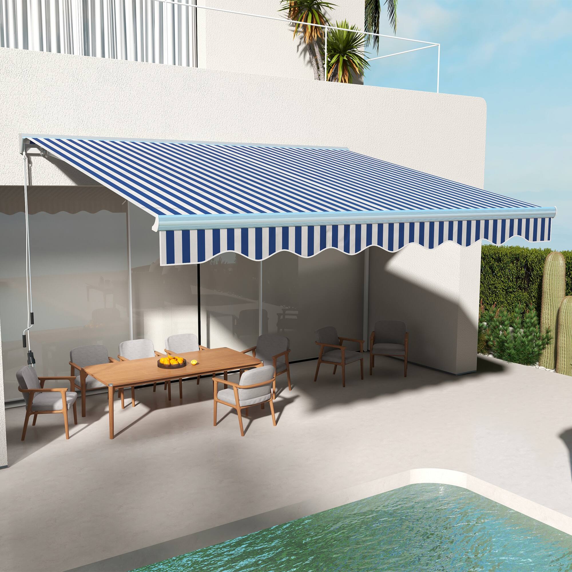 Alt View 1. Outsunny - 13' x 10' Electric Awning with LED Lights, Retractable Awning, UV40+ Sun Shade Shelter with Remote Controller - Blue and White.