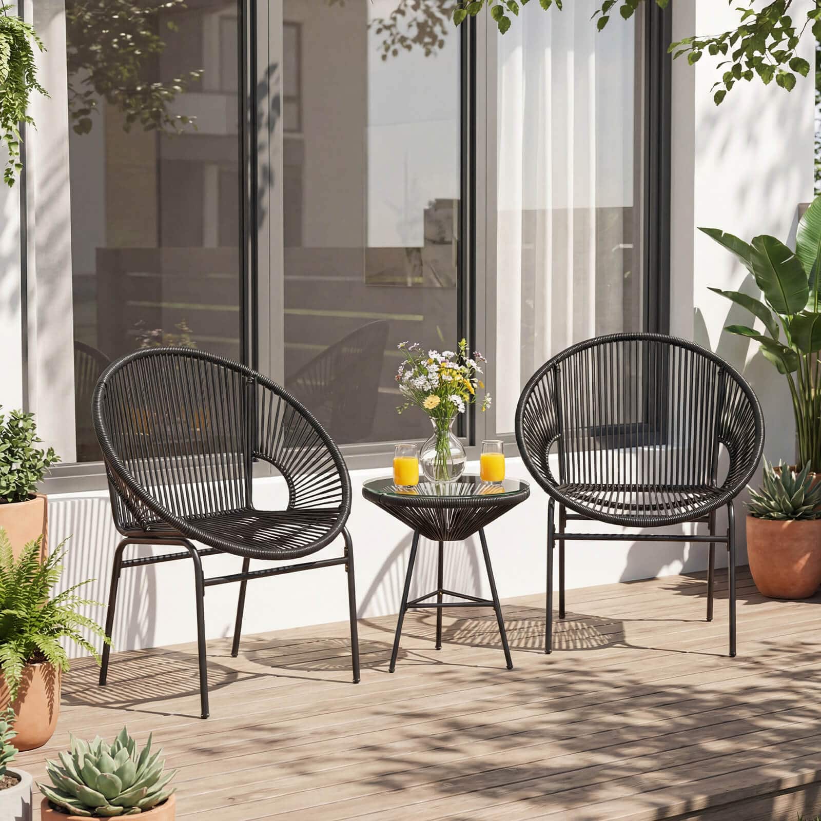 Costway - 3PCS Patio Acapulco Furniture Bistro Set Plastic Rope Glass Table - Black
