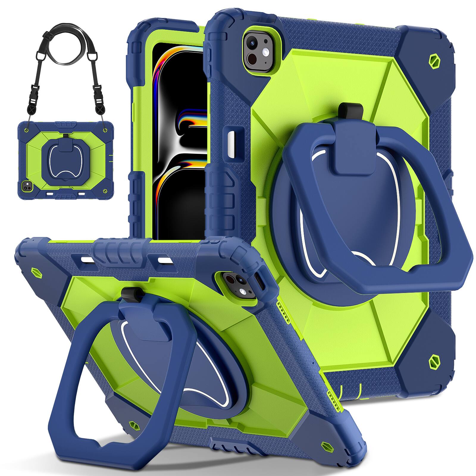 Front. UUCOVER - Rugged Protective Case for iPad Pro 13-inch M5/M4 (2025/2024) 360° Rotating Stand Hand Grip Cover with Shoulder Strap - Navy+Green.