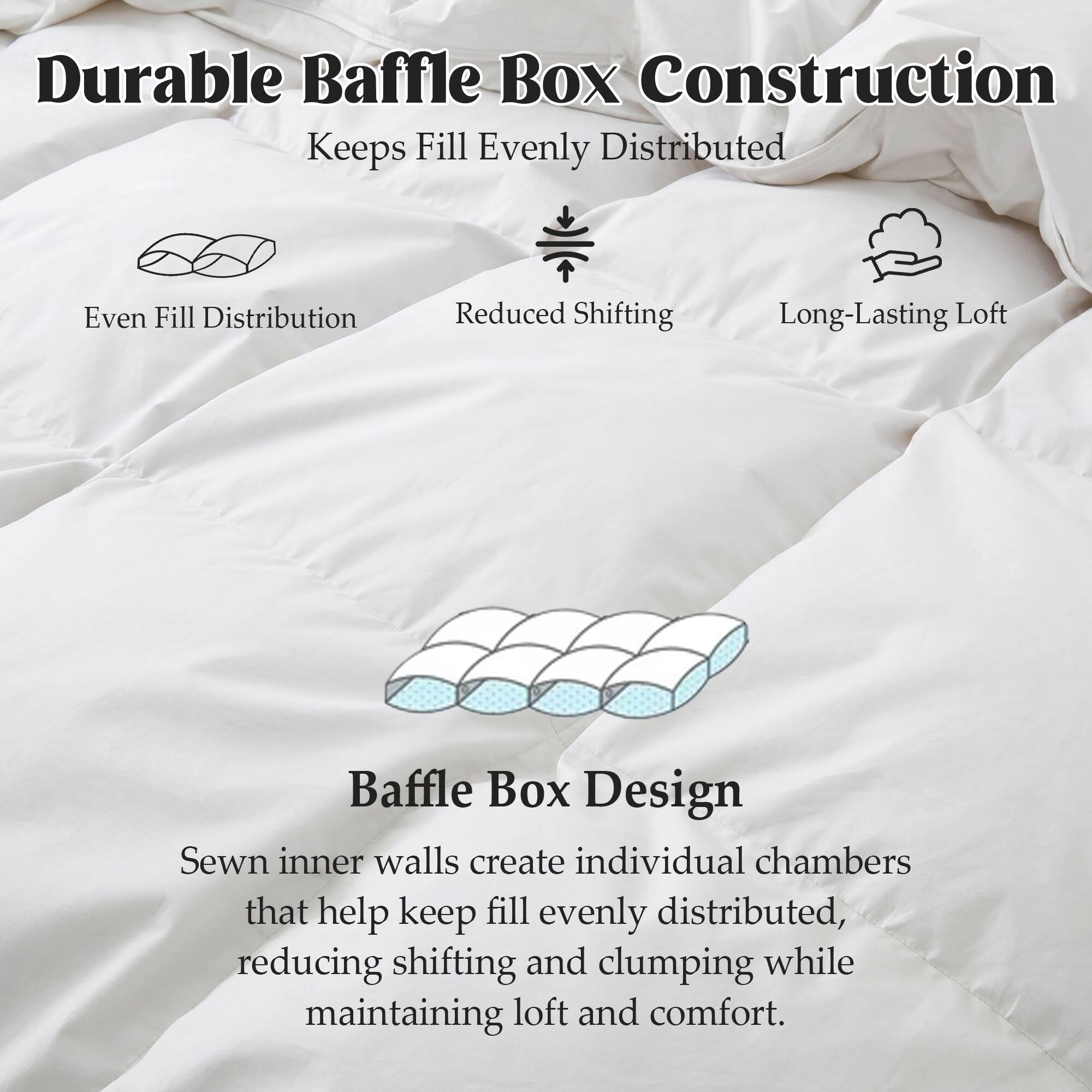 Durable Baffle Box Construction Keeps Fill Evenly Distributed

Even Fill Distribution
Reduced Shifting
Long-Lasting Loft

Baffle Box Design
Sewn inner walls create individual chambers that help keep fill evenly distributed, reducing shifting and clumping while maintaining loft and comfort.