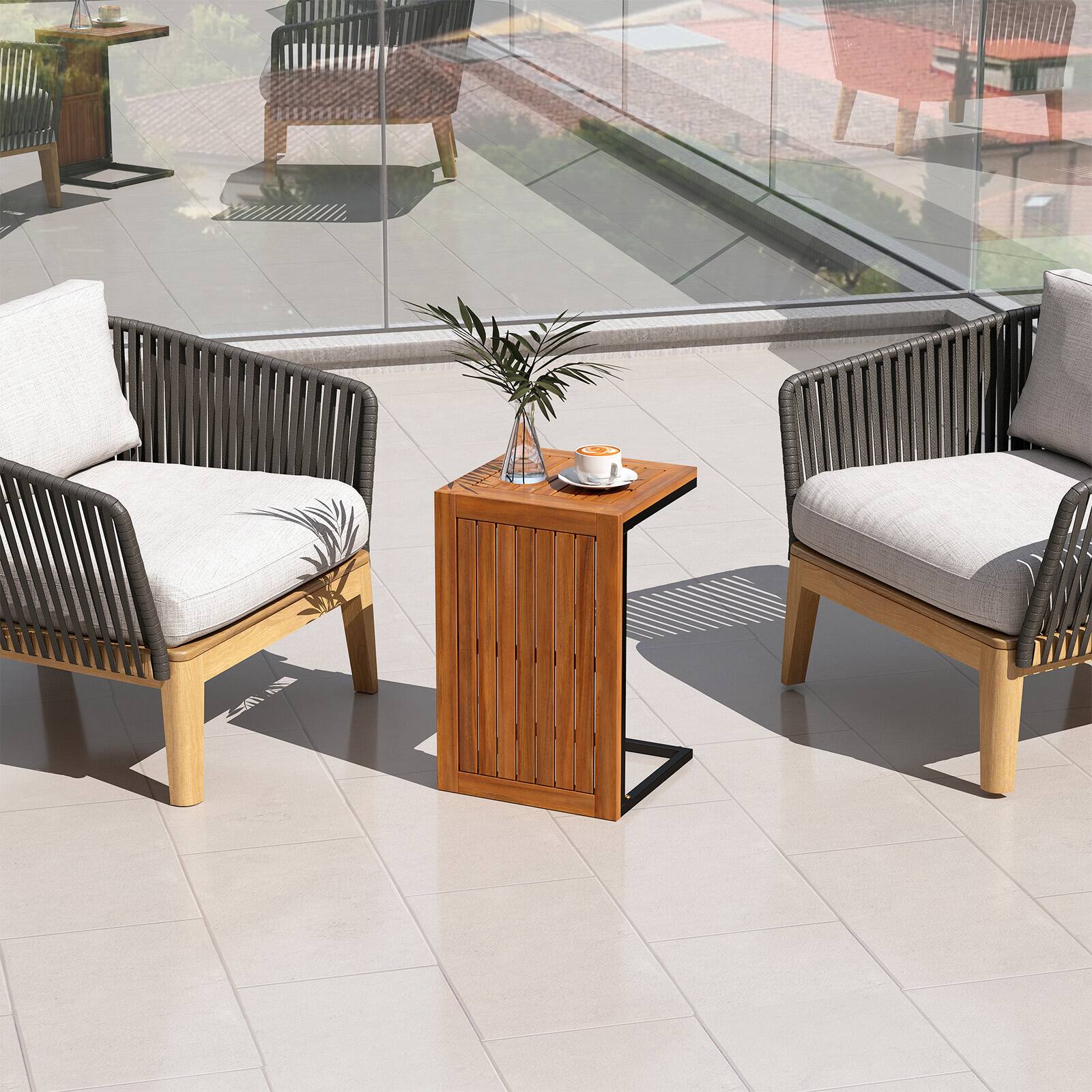 Alt View 4. Costway - Costway 1 PCS Patio Acacia Wood Side Table with Slatted Tabletop, Metal Frame for Backyard - Natural.