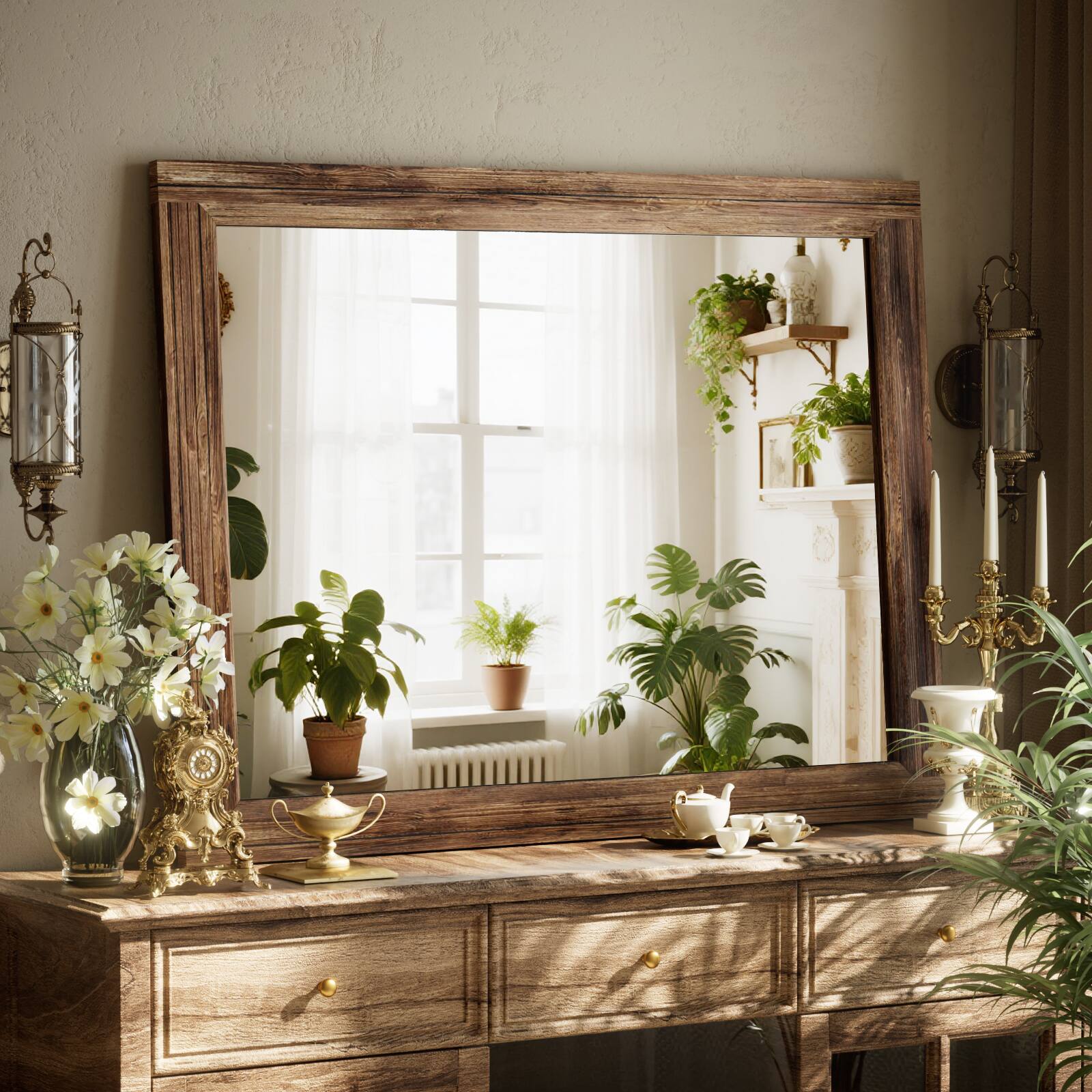 Angle. Easly - Antique Brown 30 in. W x 40 in. H Rectangle Wood Framed Vanity Wall Mirror - Walnut.