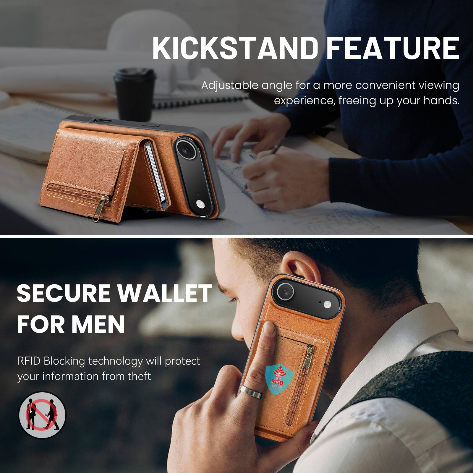 KICKSTAND FEATURE  
Adjustable angle for a more convenient viewing experience, freeing up your hands.  

SECURE WALLET FOR MEN  
RFID Blocking technology will protect your information from theft