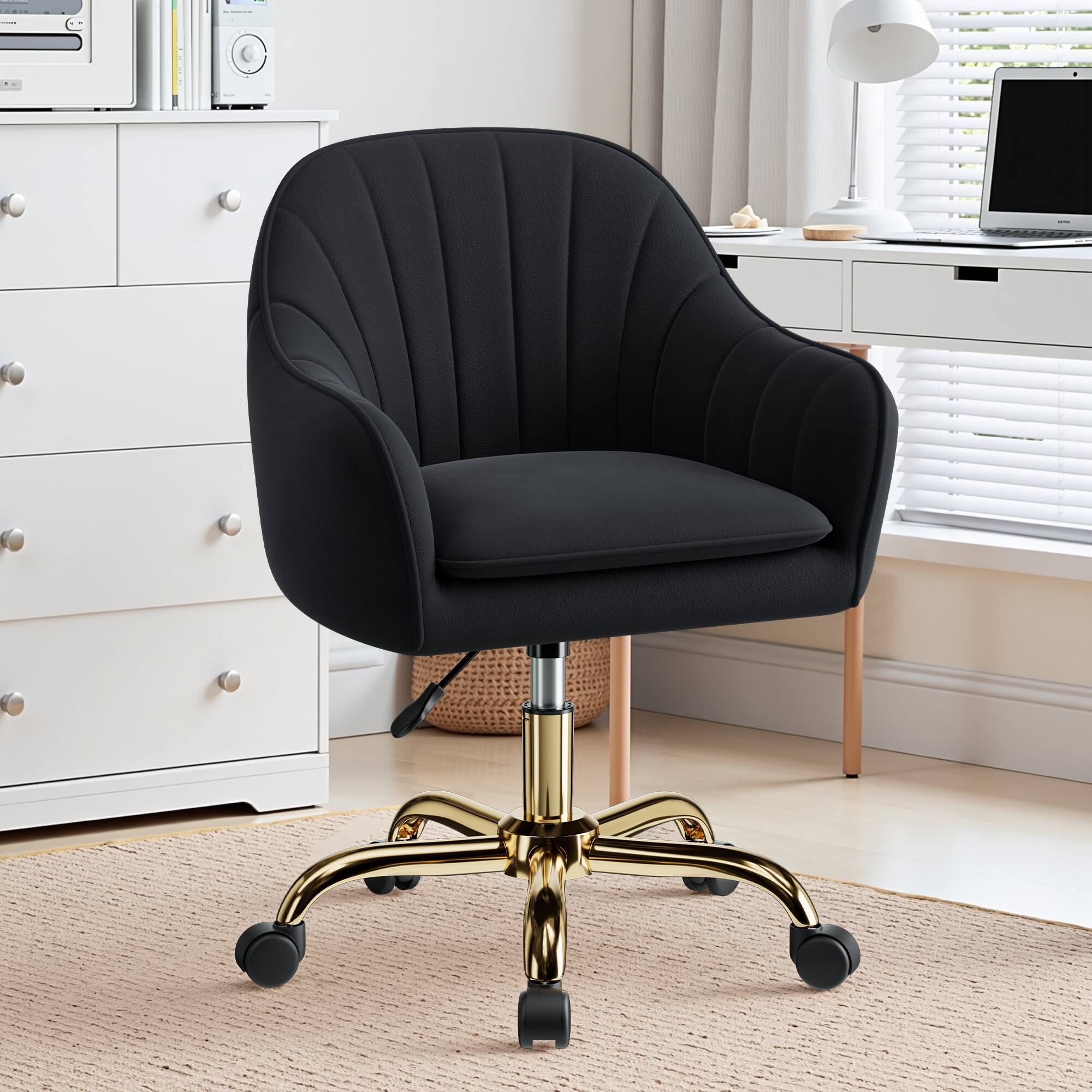 Alt View 6. KERDOM - Upholstered Velvet Vanity Chair with Back & Wheels, Swivel Rolling Home Office Chair, Padded Dresser Chair Makeup Room - Black.