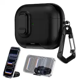 Dteck - Case for AirPods Pro 3rd Gen (2025) with Lock Closure,Stand & Carabiner,Shockproof Leather Texture Earbuds Cover - Black