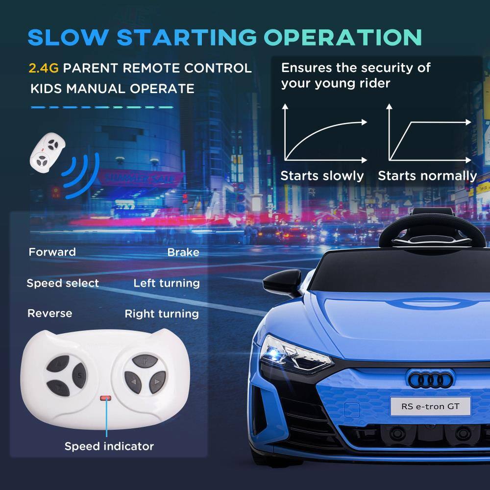 SLOW STARTING OPERATION

2.4G PARENT REMOTE CONTROL
KIDS MANUAL OPERATE

Ensures the security of your young rider

Starts slowly
Starts normally

Forward
Brake
Speed select
Left turning
Reverse
Right turning

Speed indicator

RS e-tron GT