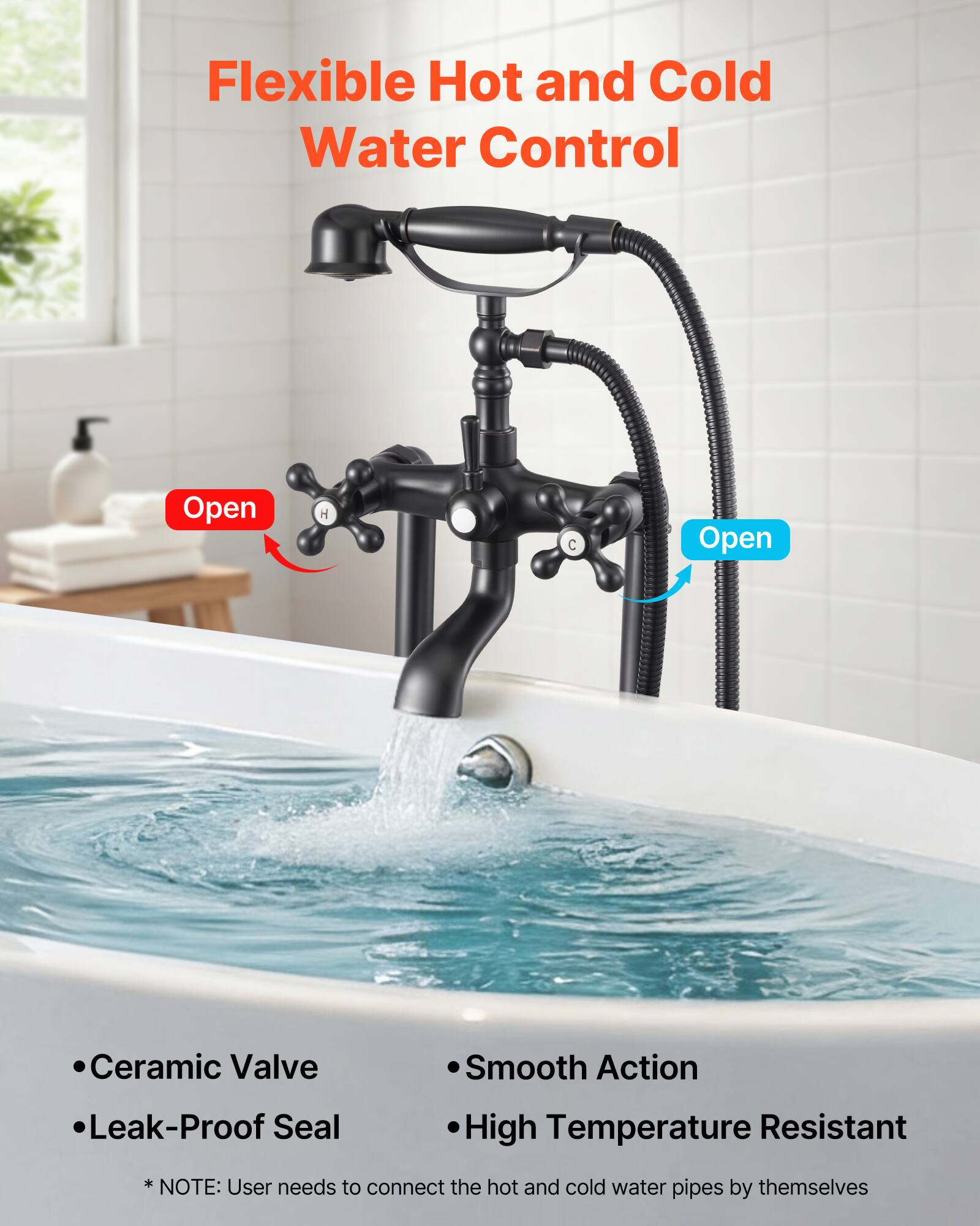 Flexible Hot and Cold Water Control

- Ceramic Valve
- Leak-Proof Seal
- Smooth Action
- High Temperature Resistant

*NOTE: User needs to connect the hot and cold water pipes by themselves