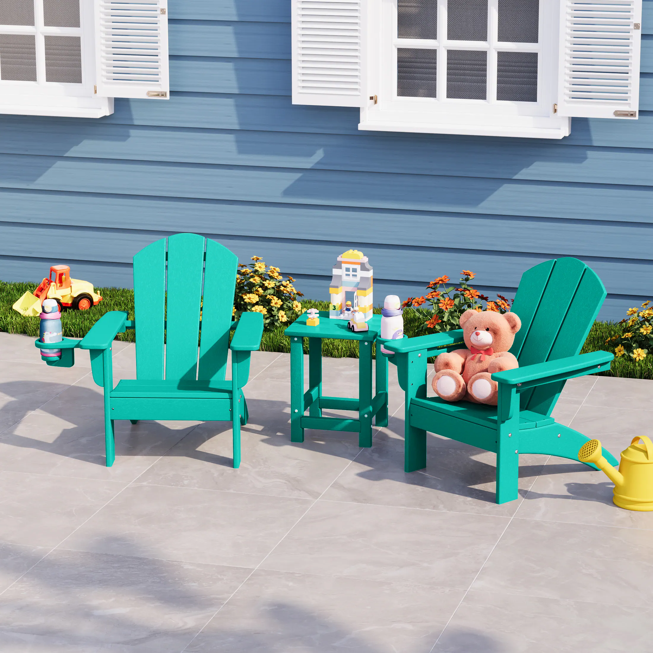 Angle. WestinTrends - WestinTrends Malibu 3-Piece Kids HDPE Adirondack Chairs Set with Square Side Table and Cup Holders - Turquoise.