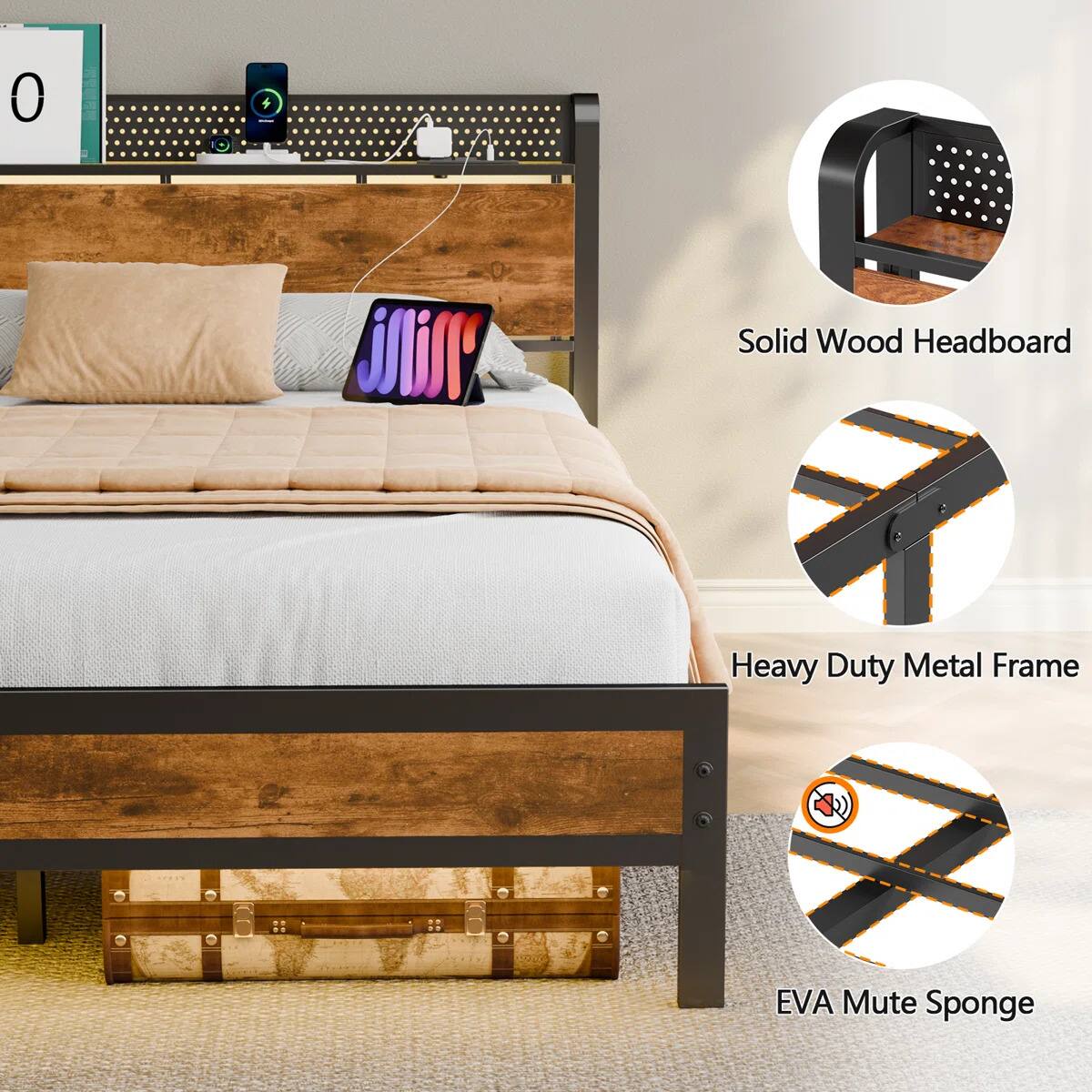 0 + Solid Wood Headboard Heavy Duty Metal Frame EVA Mute Sponge