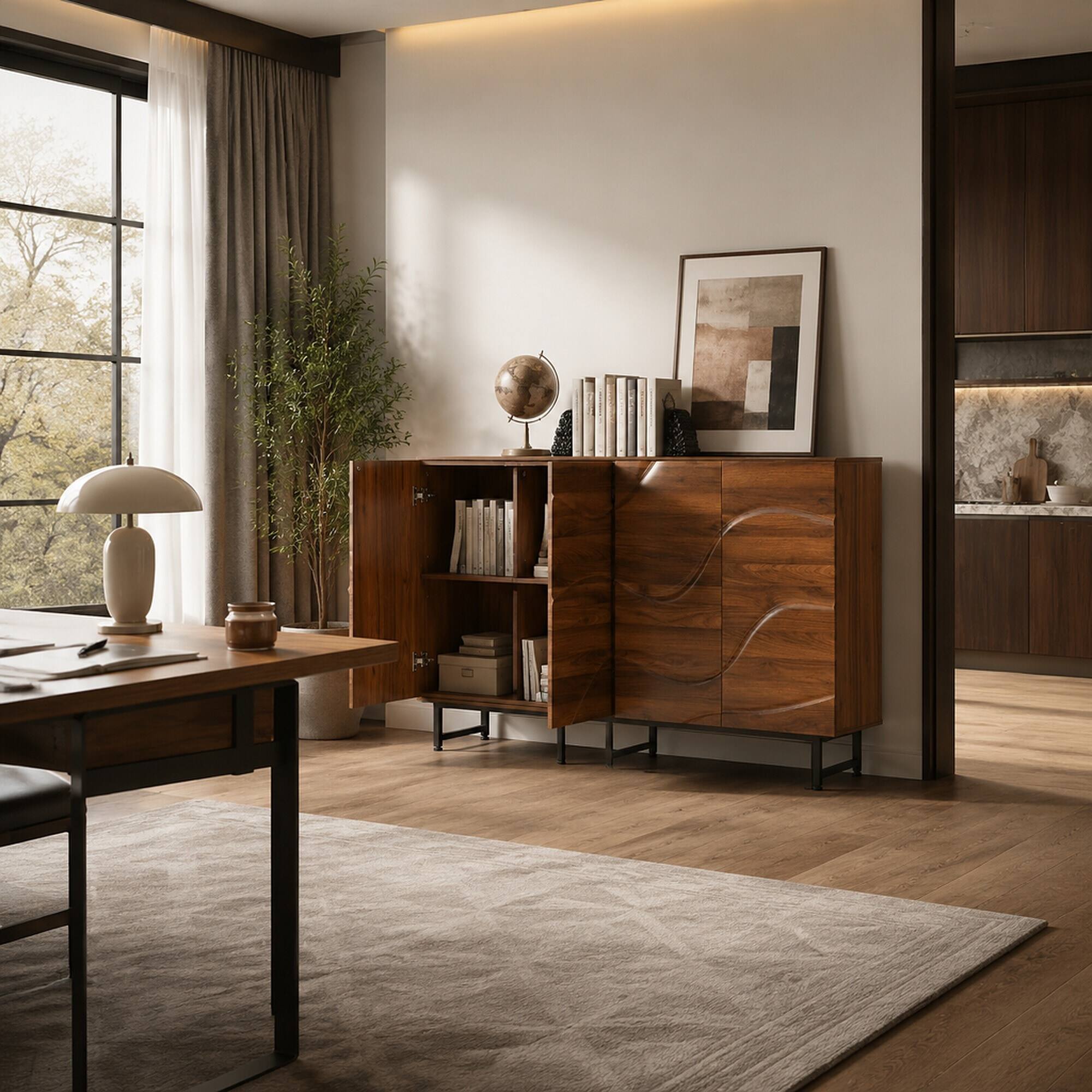 Left. RYHNUYNE - Freestanding Modern Solid Wood Sideboard with Wave Relief Design and Iron Legs, Walnut, 59 Inch - Wood.