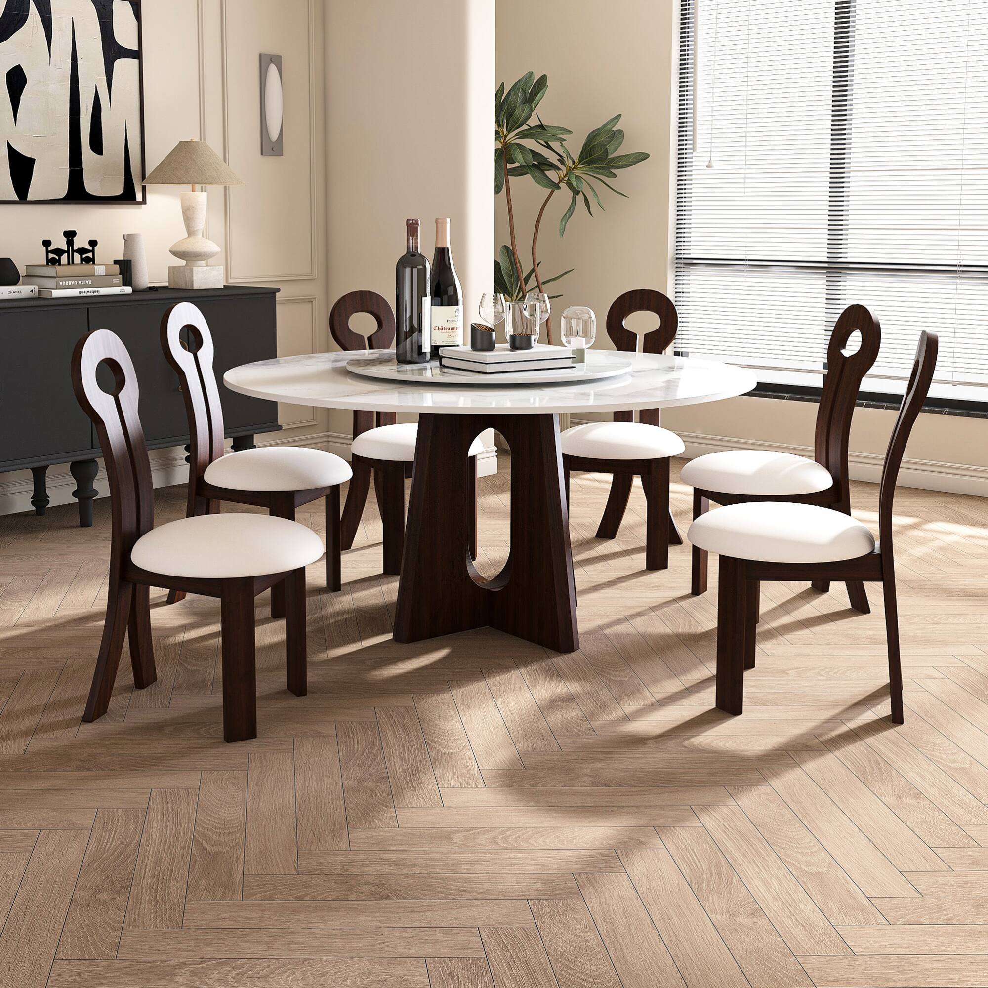 Alt View 4. GOODSILO - Modern Dining Chair with Key-Ring Design Solid Wood Frame and Comfortable PU Leather Cushion, Set of 2 - Walnut.