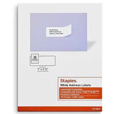 Sarah Dunne
2009 Soed Street
Undres, MA 12MAS
Staples
White Address Labels
Laser/Inkjet Compatible
Compatible with Avery 5160 / 8160
Permanent Adhesive
100 Sheets x 3,000 Labels
ST18057
30 Labels Per Sheet
1 x 2 1/2"
2.54 cm x 6.35 cm