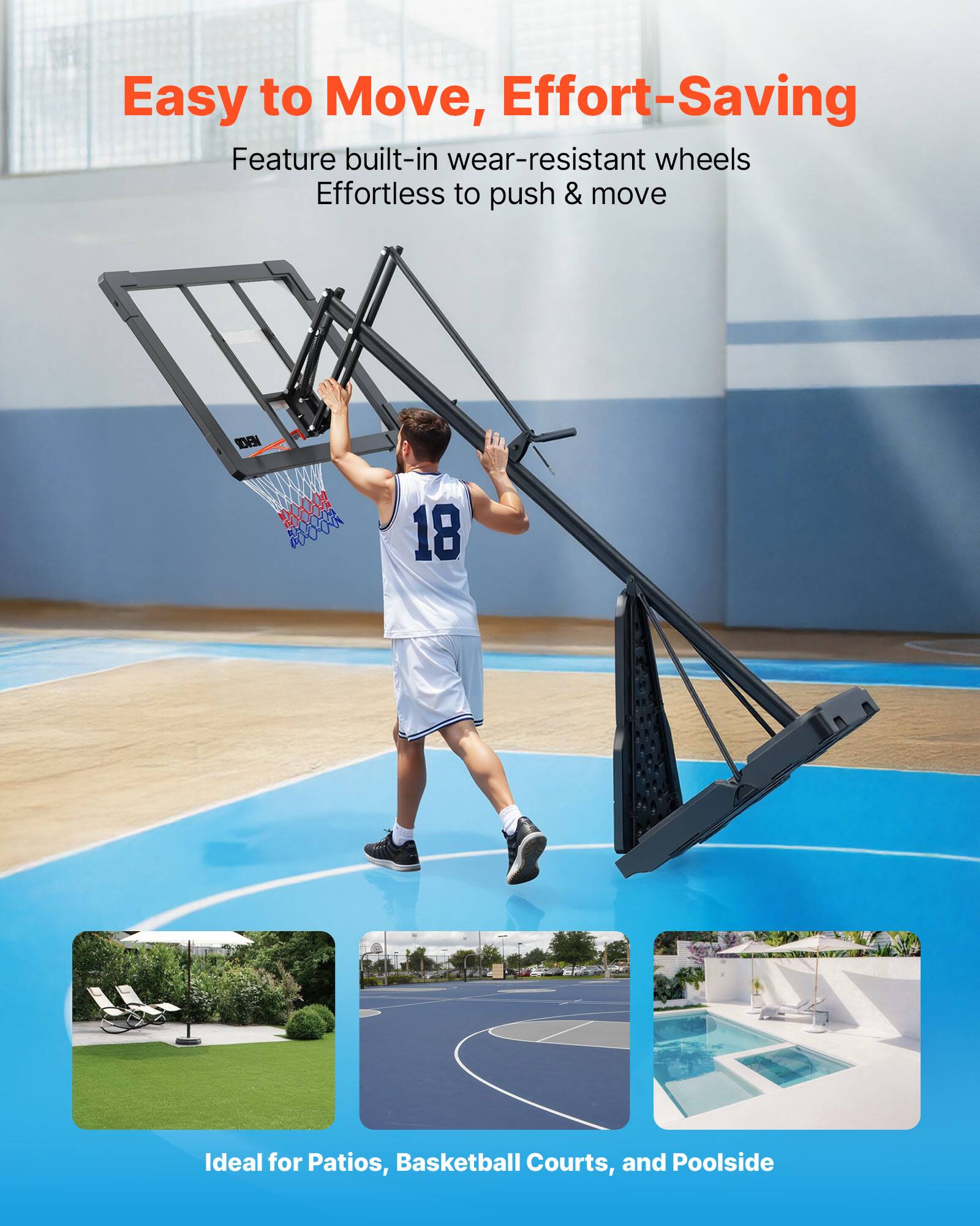 Easy to Move, Effort-Saving  
Feature built-in wear-resistant wheels  
Effortless to push & move  

Ideal for Patios, Basketball Courts, and Poolside