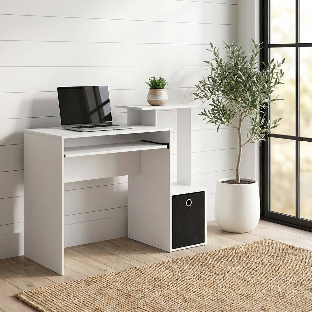 Angle. BisonOffice - White, Black multipurpose computer desk with storage bin, home office workspace - White/Black.