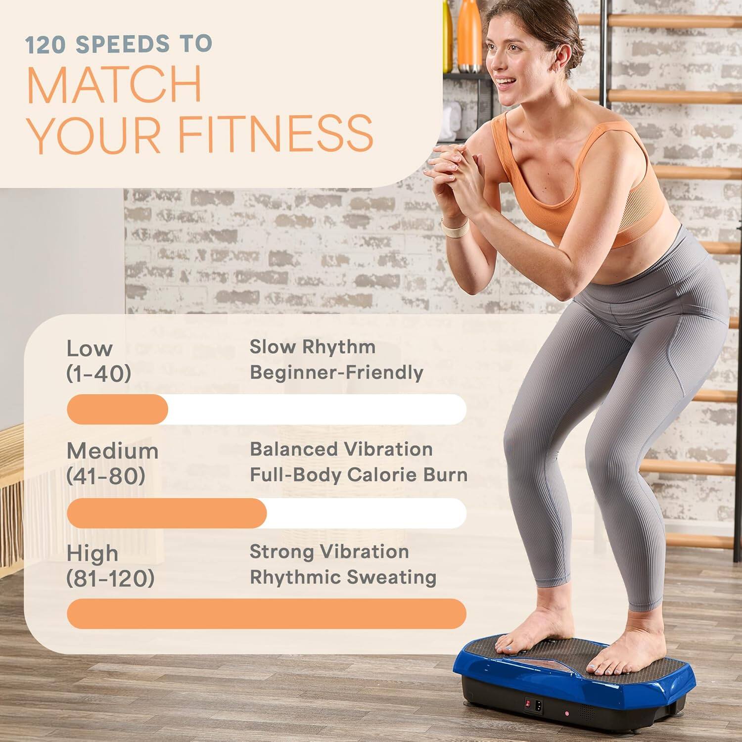 120 SPEEDS TO MATCH YOUR FITNESS

Low (1-40)  
Slow Rhythm  
Beginner-Friendly

Medium (41-80)  
Balanced Vibration  
Full-Body Calorie Burn

High (81-120)  
Strong Vibration  
Rhythmic Sweating