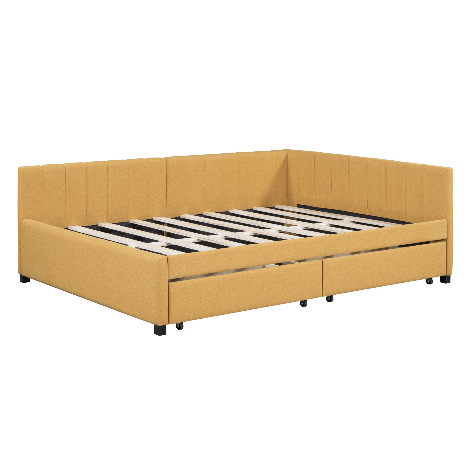 Alt View 4. Tiramisubest - Full Size Upholstered Daybed with 2 Storage Drawers Sofa Bed Frame No Box Spring Needed, Linen Fabric (Yellow) - Yellow.