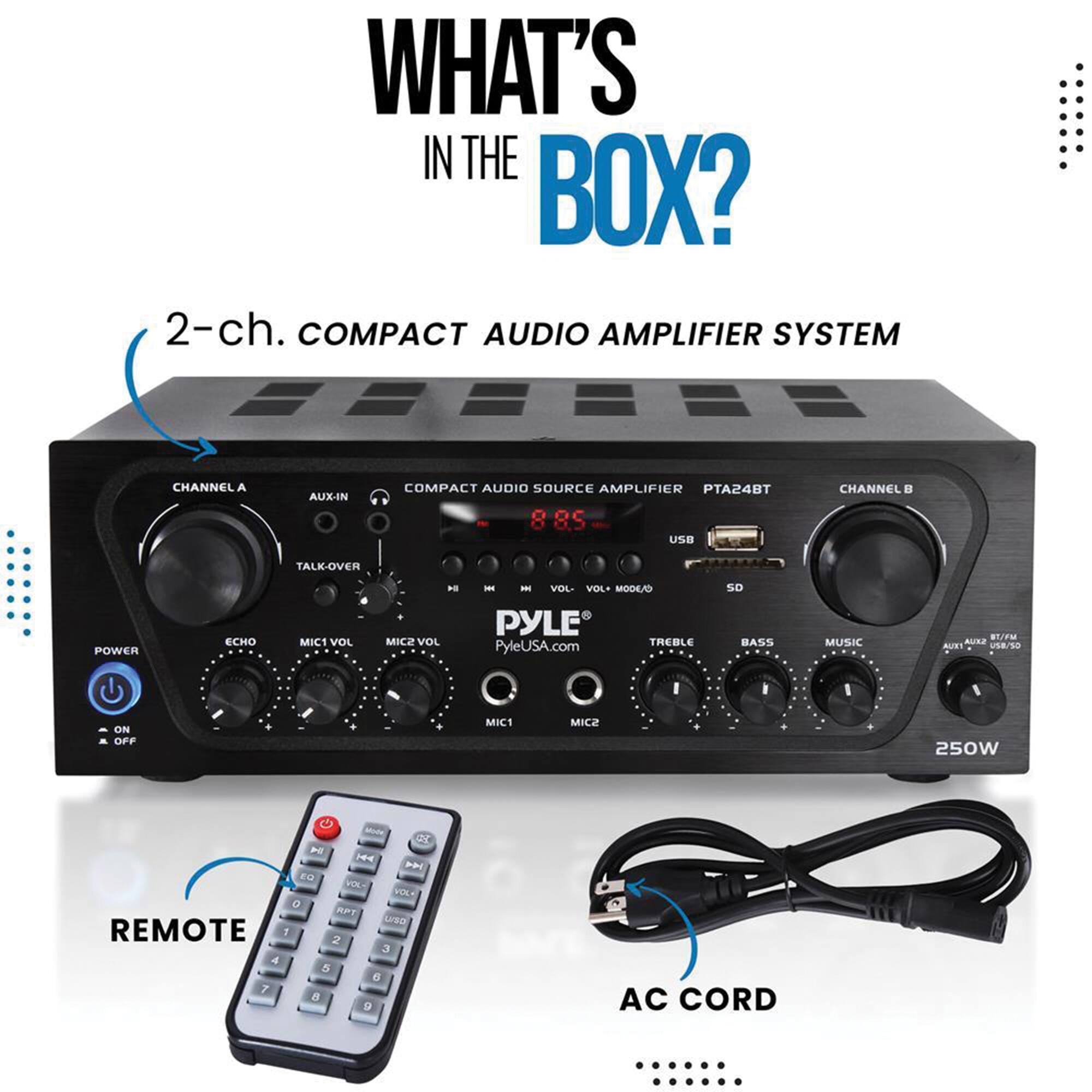 What's in the box? 2-ch. Compact Audio Amplifier System.