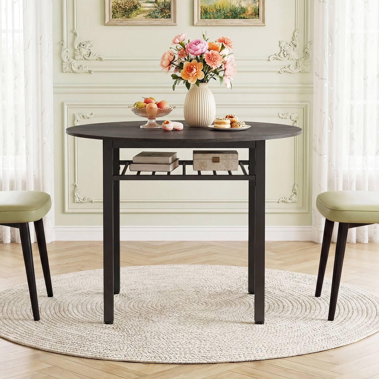 Alt View 3. Costway - Costway Dining Table for 2-4 People,40" Round Kitchen Table with Storage Shelf&Metal Frame - Gray + Black.