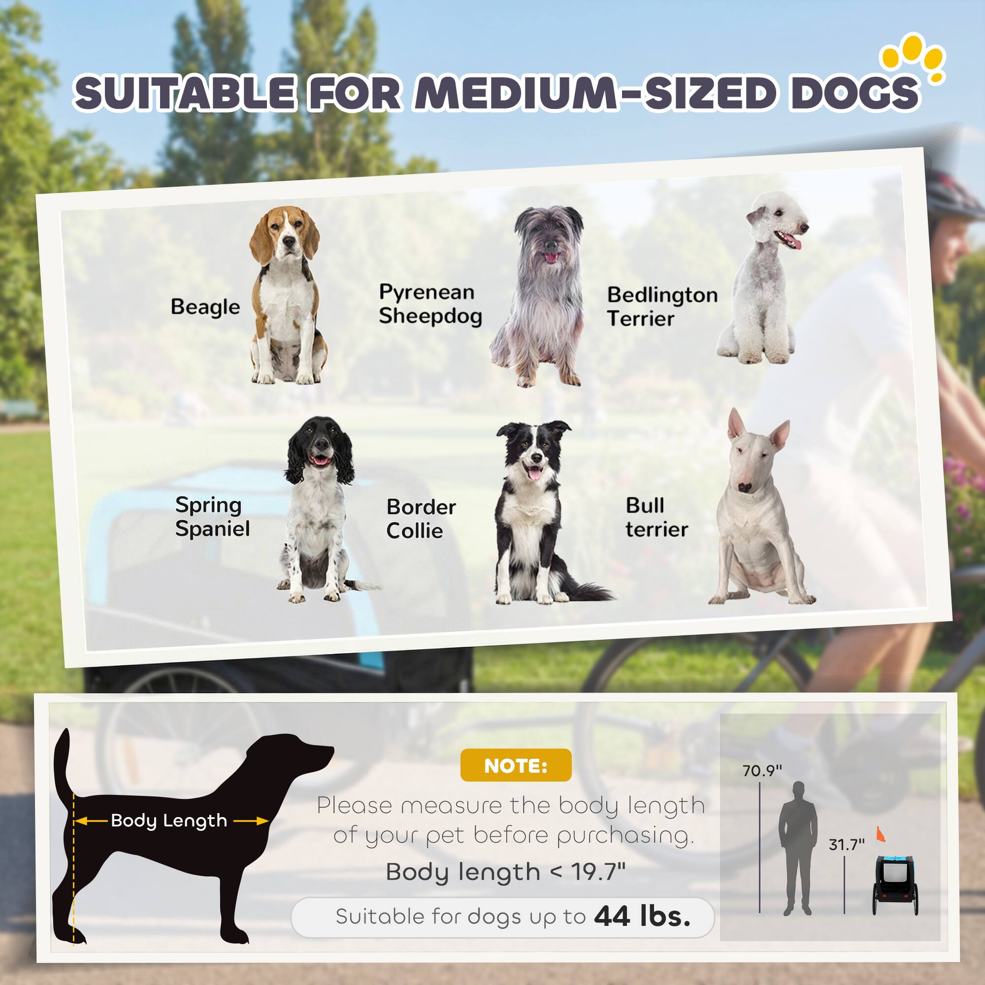 SUITABLE FOR MEDIUM-SIZED DOGS

- Beagle
- Pyrenean Sheepdog
- Bedlington Terrier
- Spring Spaniel
- Border Collie
- Bull Terrier

NOTE: Please measure the body length of your pet before purchasing. Body length < 19.7" Suitable for dogs up to 44 lbs.