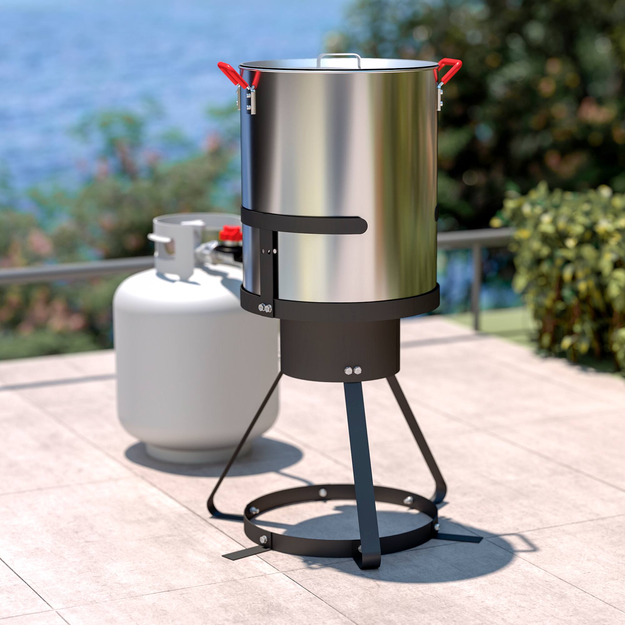 Alt View 5. FEASTO - 30 QT Turkey Fryer Pot with Basket and Burner Stand for Outdoor Seafood Boiling and Turkey Frying - Silver & Black.