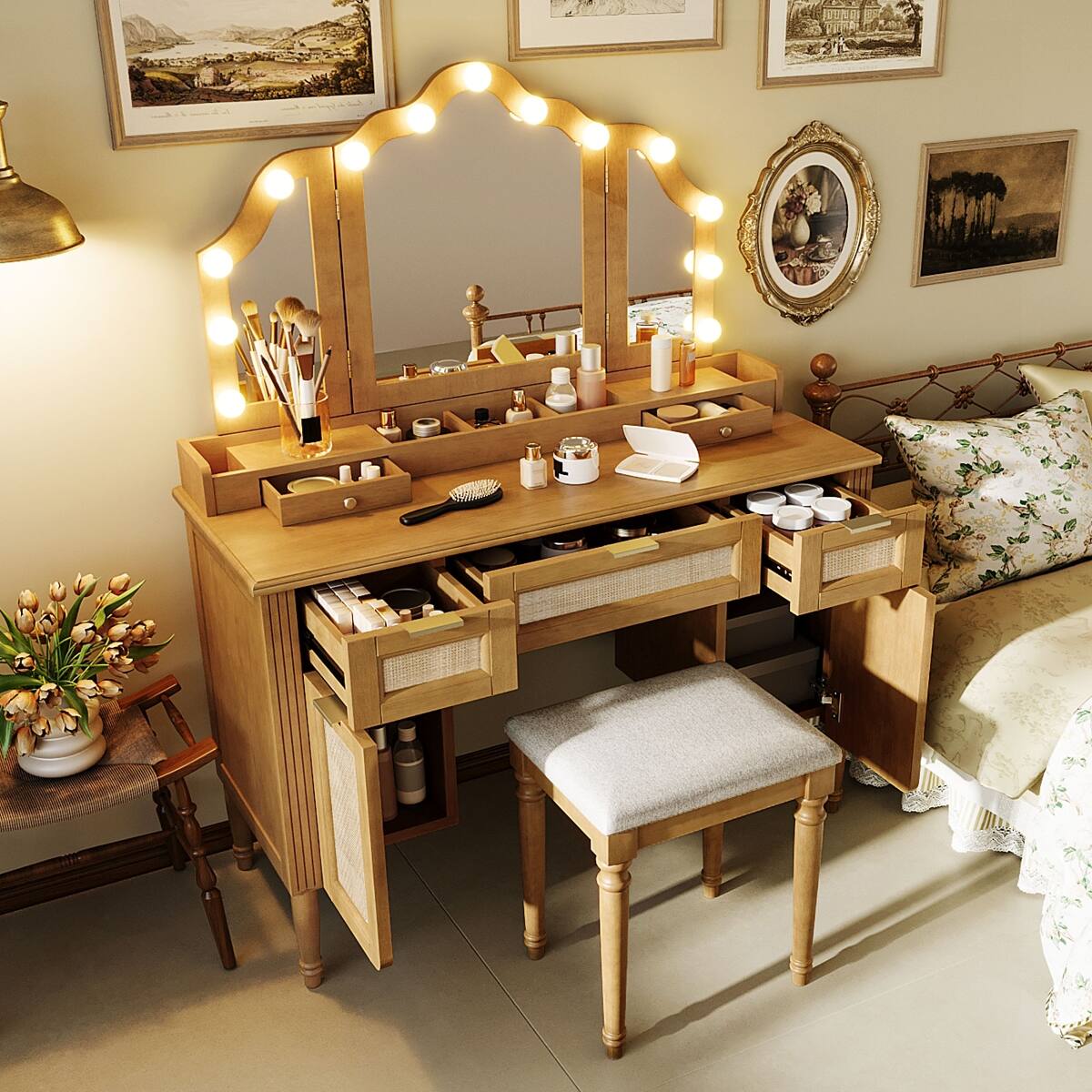 Left. Loheer - Loheer Makeup Vanity Desk with Mirror and Stool, Natural Finish, Hollywood Lighting and Storage - Natural.