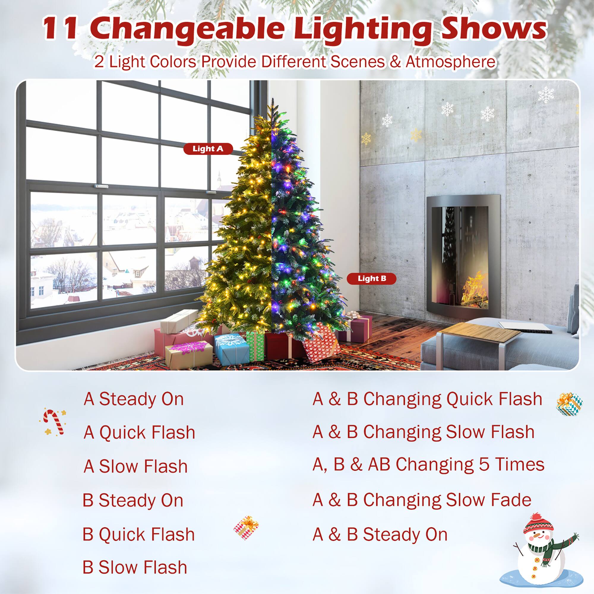 11 Changeable Lighting Shows
2 Light Colors Provide Different Scenes & Atmosphere
Light A: Steady On
Light B: Quick Flash
A & B: Changing Quick Flash
A & B: Changing Slow Flash
A, B & AB: Changing 5 Times
A & B: Changing Slow Fade
A & B: Steady On