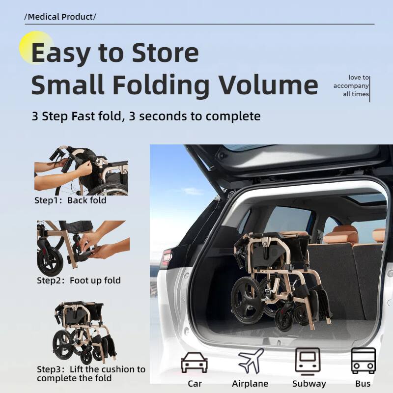 /Medical Product/

Easy to Store  
Small Folding Volume

3 Step Fast fold, 3 seconds to complete

Step1: Back fold  
Step2: Foot up fold  
Step3: Lift the cushion to complete the fold

love to accompany all times

Car  
Airplane  
Subway  
Bus