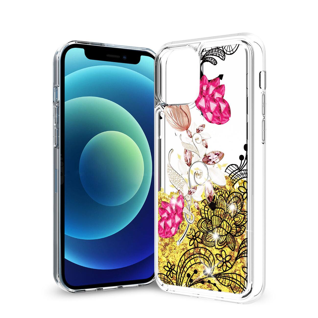 Front. Reiko - Iphone 12 Mini Glitter Case Moving Quicksand Yellow Floral - Yellow.