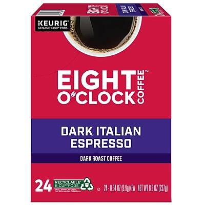 KEURIG  
GENUINE K-CUP PODS  

EIGHT O'CLOCK COFFEE  
DARK ITALIAN ESPRESSO  
DARK ROAST COFFEE  

24 RECYCLABLE K-CUP PODS  
24 - 0.34 OZ (9 g/EA)  
NET WT 8.3 OZ (237 g)